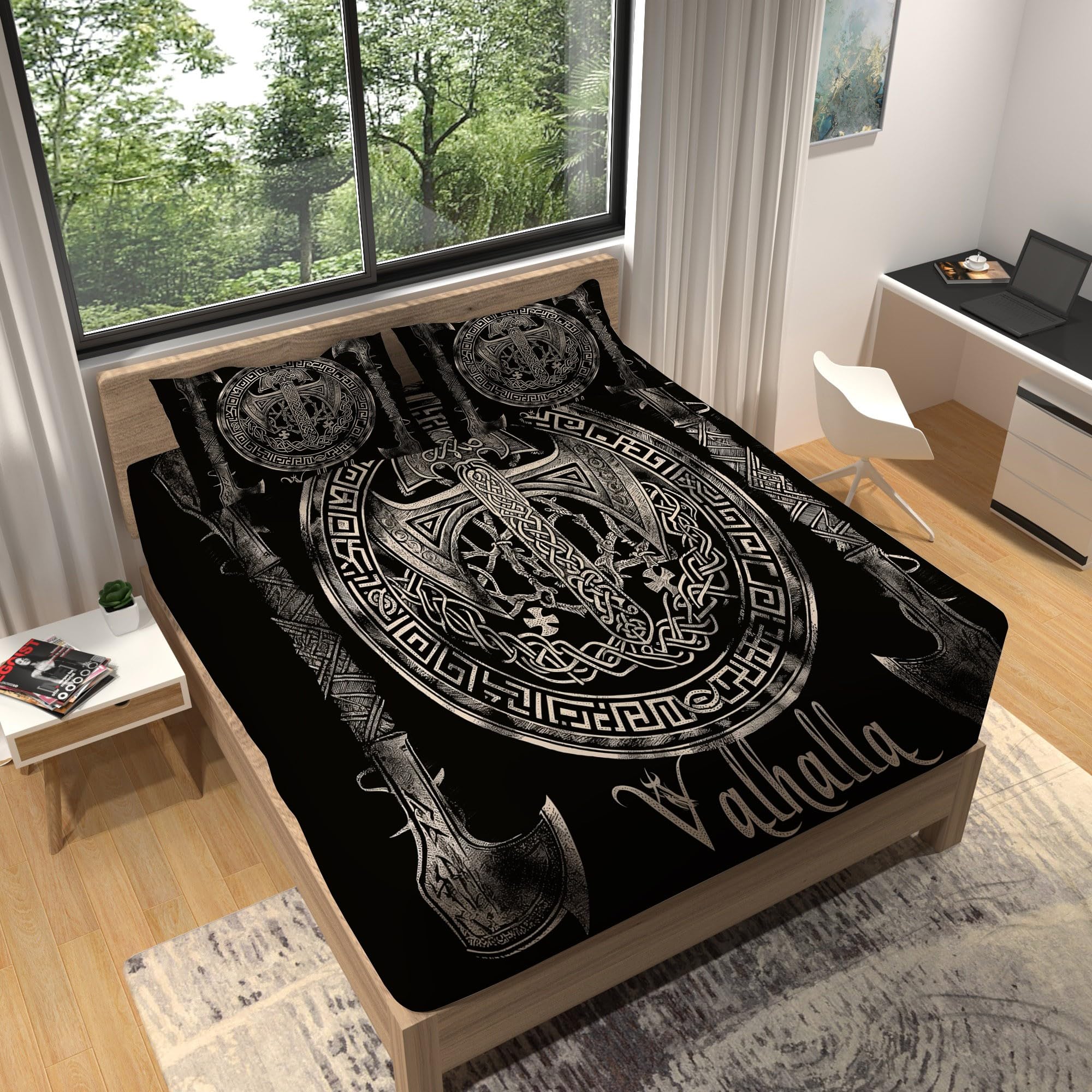 Pościel Vintage Wikingów Battle Axe z nadrukiem, łatwe w pielęgnacji, prześcieradło z gumką, 160 x 200 cm, najwyższej jakości, ultramiękkie, czarne, mikrofibra, prześcieradło 3D