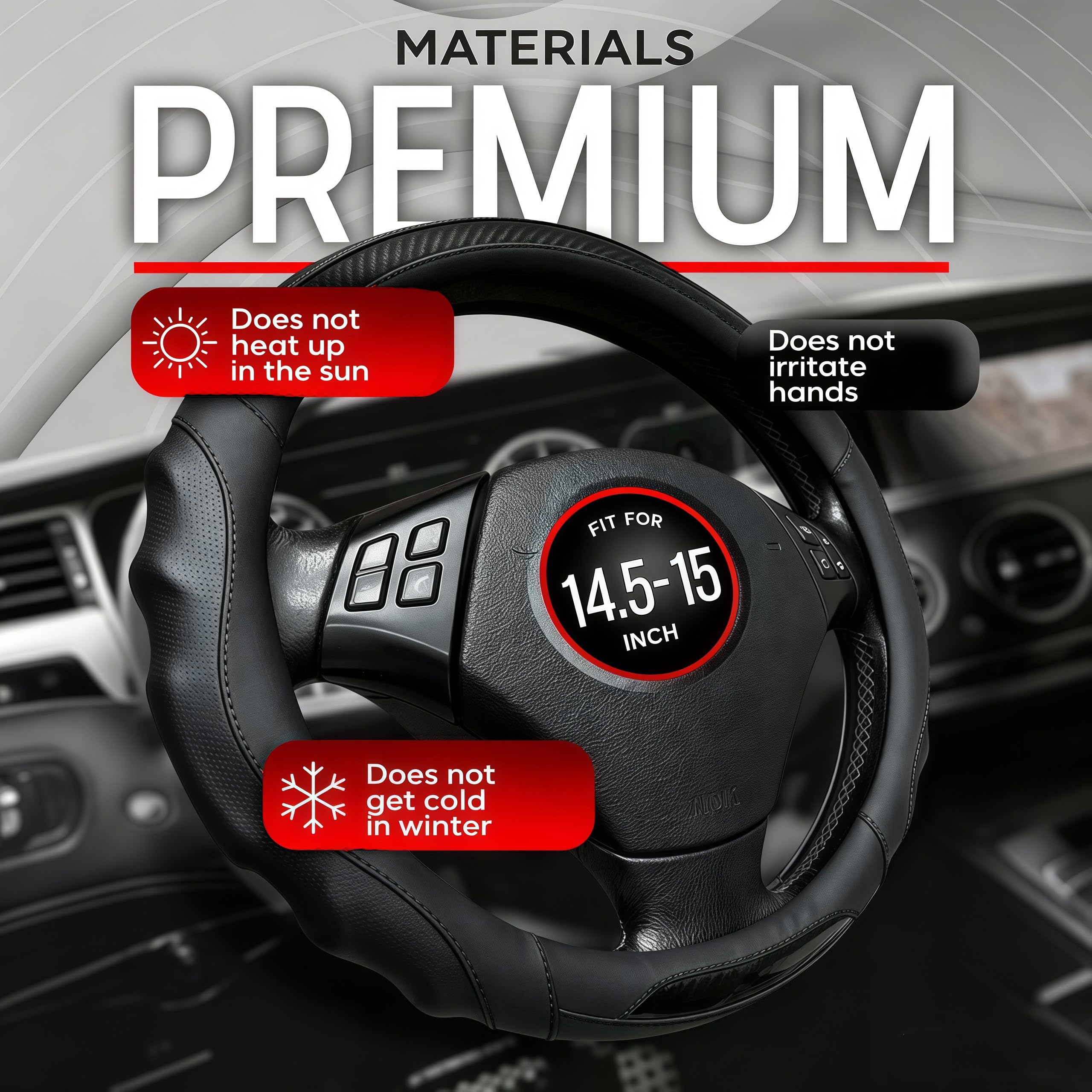 Funda de cuero para volante de automóvil, 14.5-15 pulgadas, antideslizante, universal para coches, camiones, SUV, accesorios de automóvil (línea negra - negra)