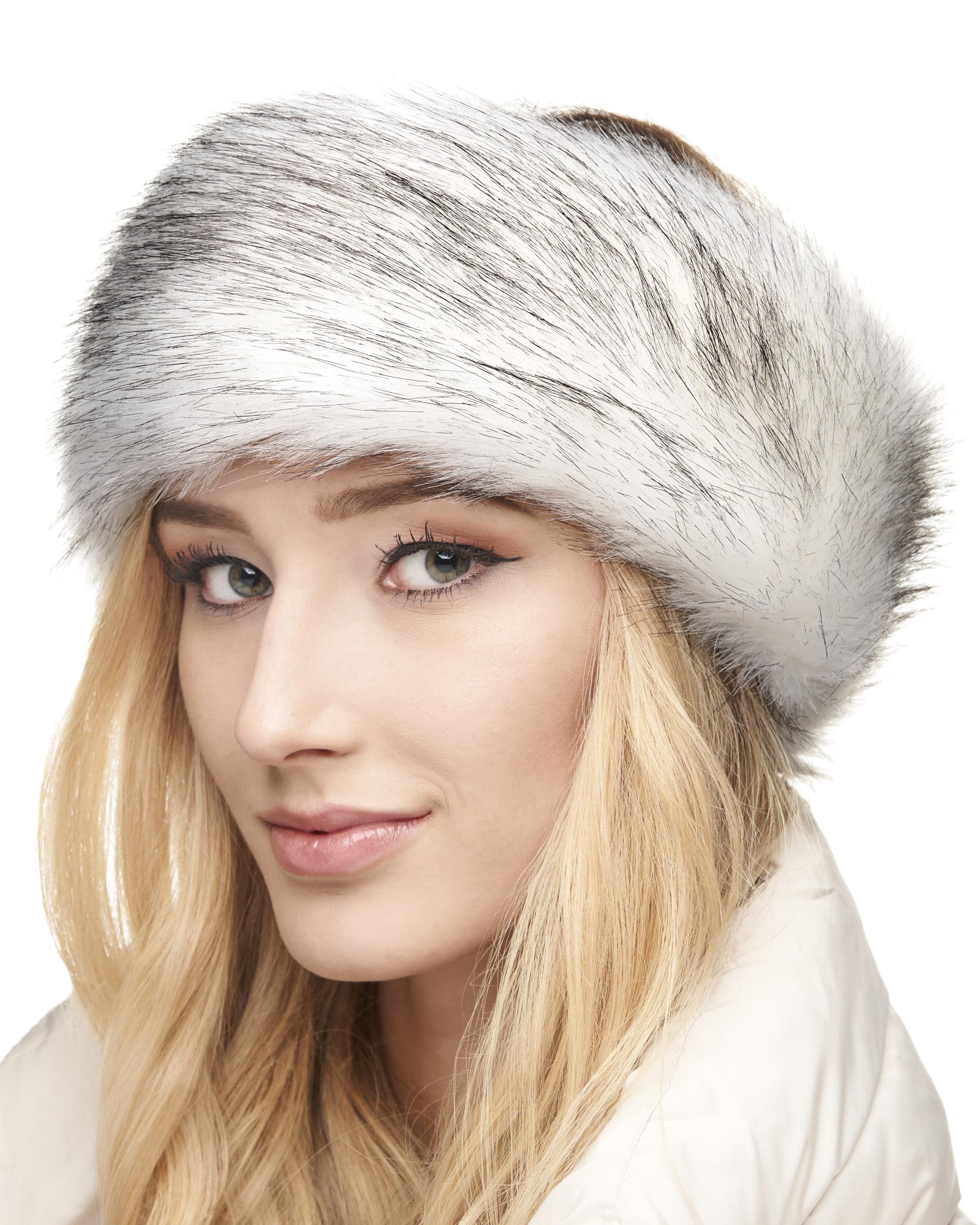 Futrzane Classic Headband - Faux Fur Headbands for Women - Furry Band for Winter - Size L (White with Black Classic)