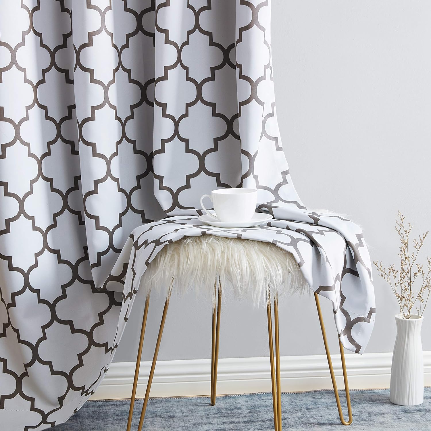 HLC.ME Lattice White and Grey Curtains - Blackout Thermal Window Treatments Set, Noise Reduction Heat Blocking Winter Draperies for Bedroom - 2 Panels - 52 W x 72 L - Platinum White & Grey