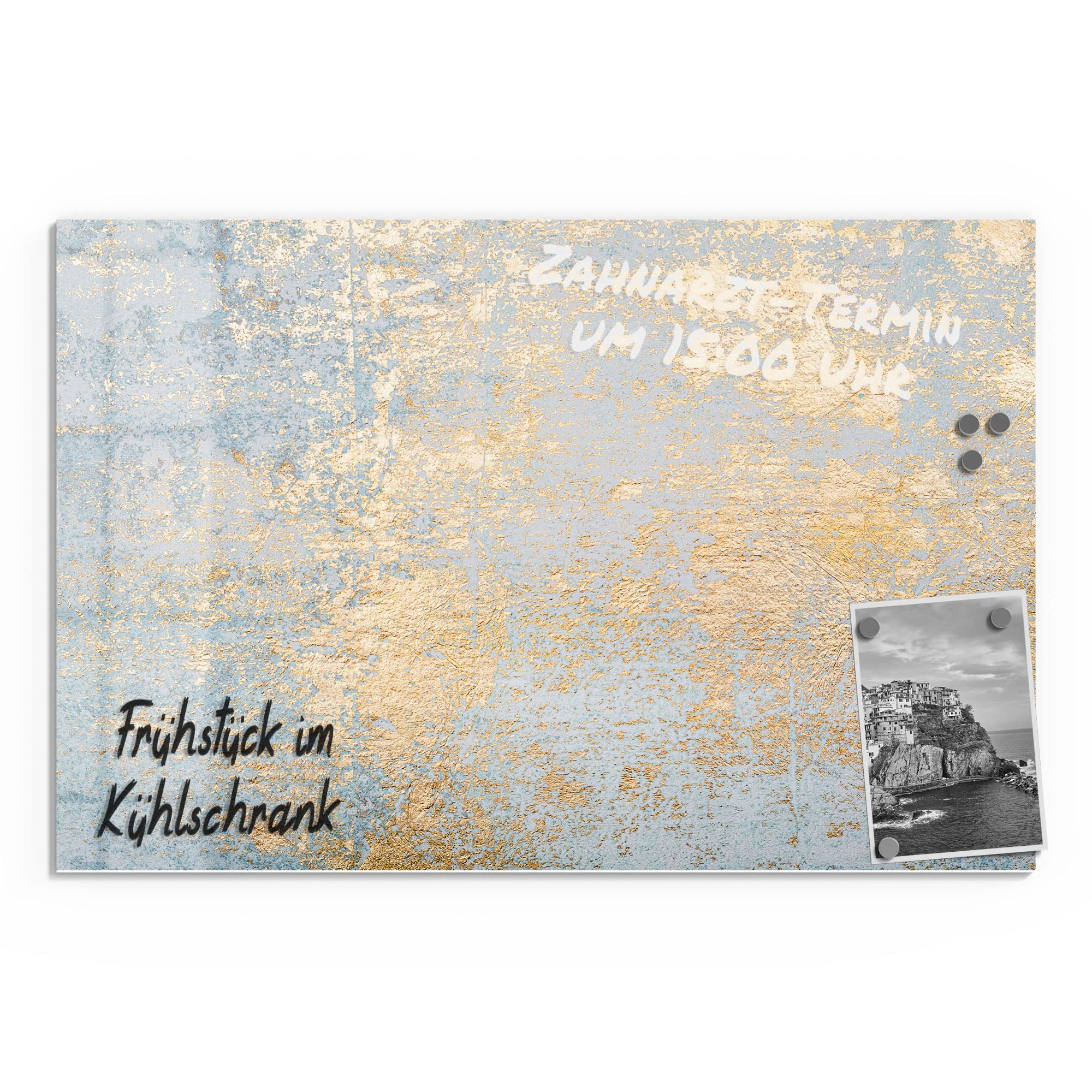 DEQORI Glas-Magnettafel | 60x40 cm groß | Motiv Wand mit Gold-Struktur | Memo-Board aus Glas | Magnetboard inkl. Magnete, Stift & Tuch für Küche & Büro | Tafel magnetisch & beschreibbar