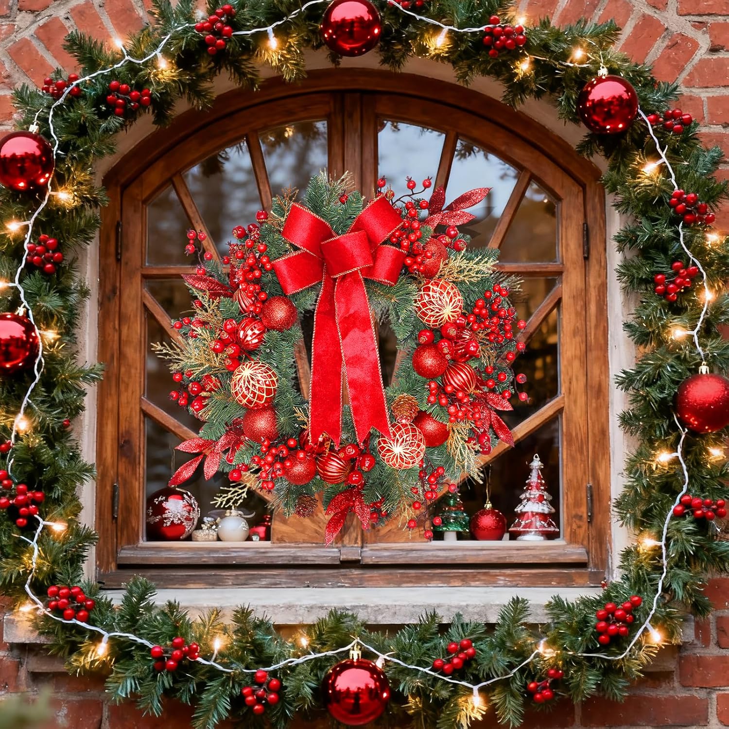 24 Inch Christmas Wreath for Front Door with Pine Branches, Red Berries, Ornament Balls, Bow and 50 LED Lights,for Home Indoor and Outdoor Wall, Fireplace Mantel, Christmas Decor - Image 7