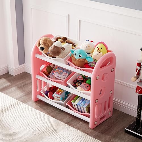 Miniatura 5 de MOUDS Organizadores de juguetes para niños y almacenamiento con 6 contenedores de plástico extraíbles, estante multiusos de 3 niveles para organizar