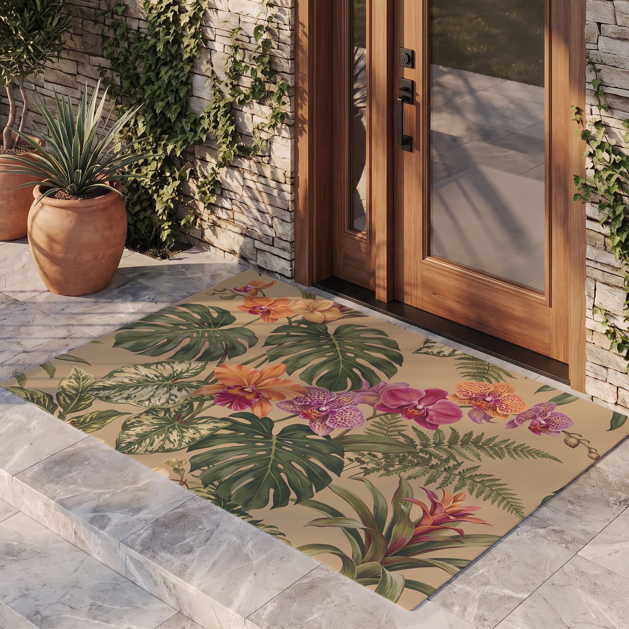 Orange Violet Plantes Fleurs Tropicalespaillasson Durable Et Antidérapant Retient L’Eau Et Les Saletés Facile À Nettoyerpaillasson Interieur80X120 Cm Tapis D'Entrée Antidérapant
