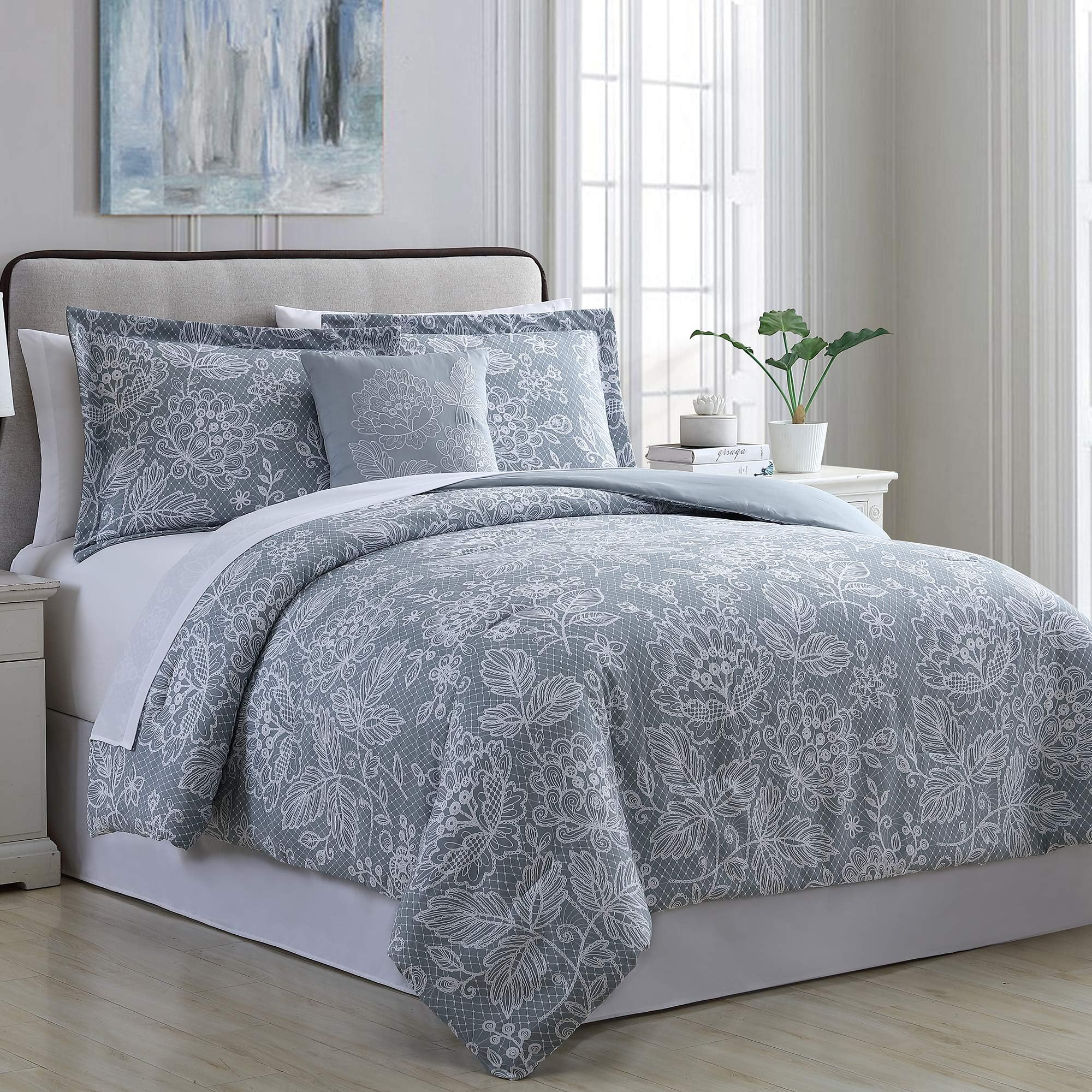 Olivia 8-Piece Printed Reversible Bed in a Bag Silver Blue, Queen