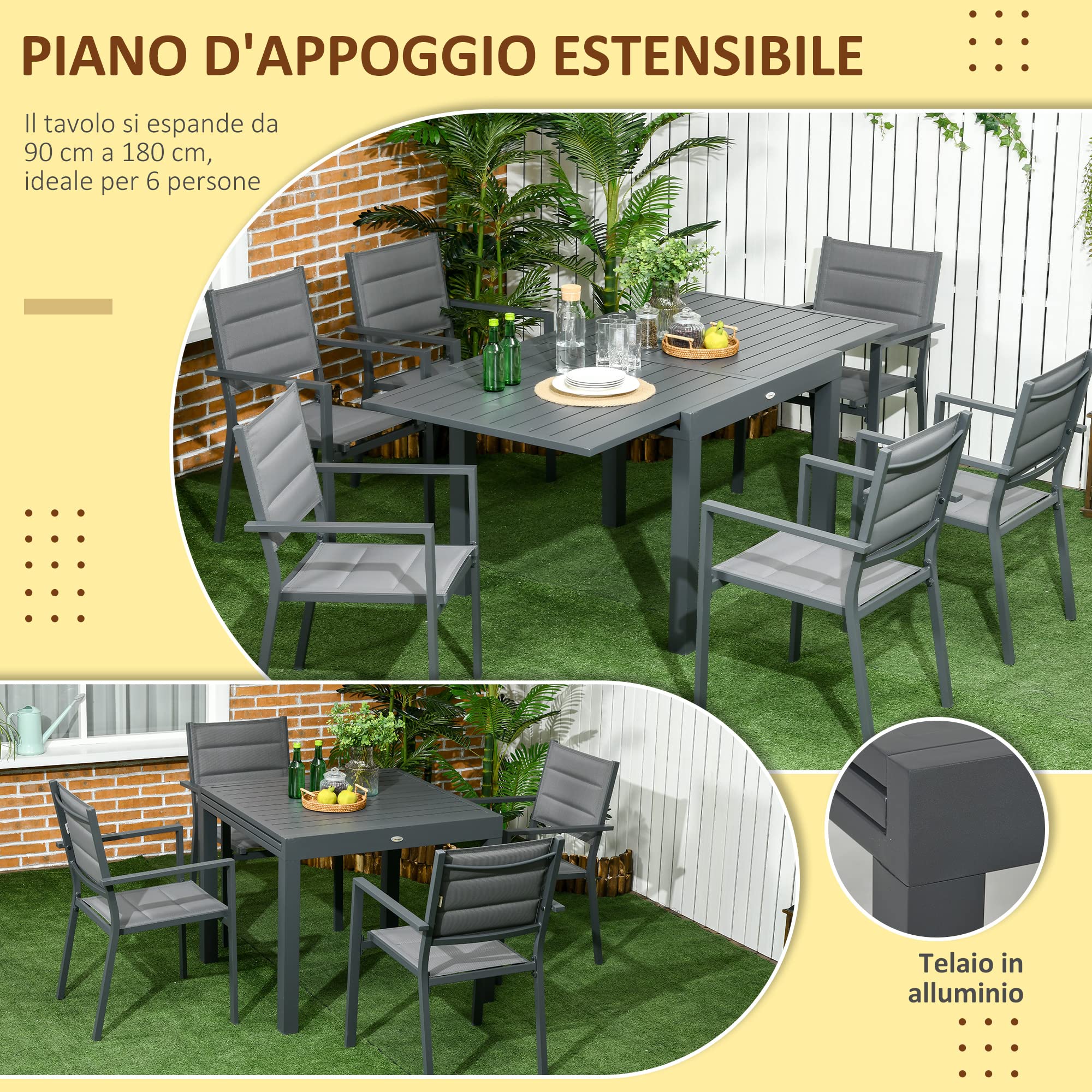 Outsunny Set da Giardino in Alluminio 7 Pezzi Tavolo Rettangolare Allungabile 6 Sedie Grigio