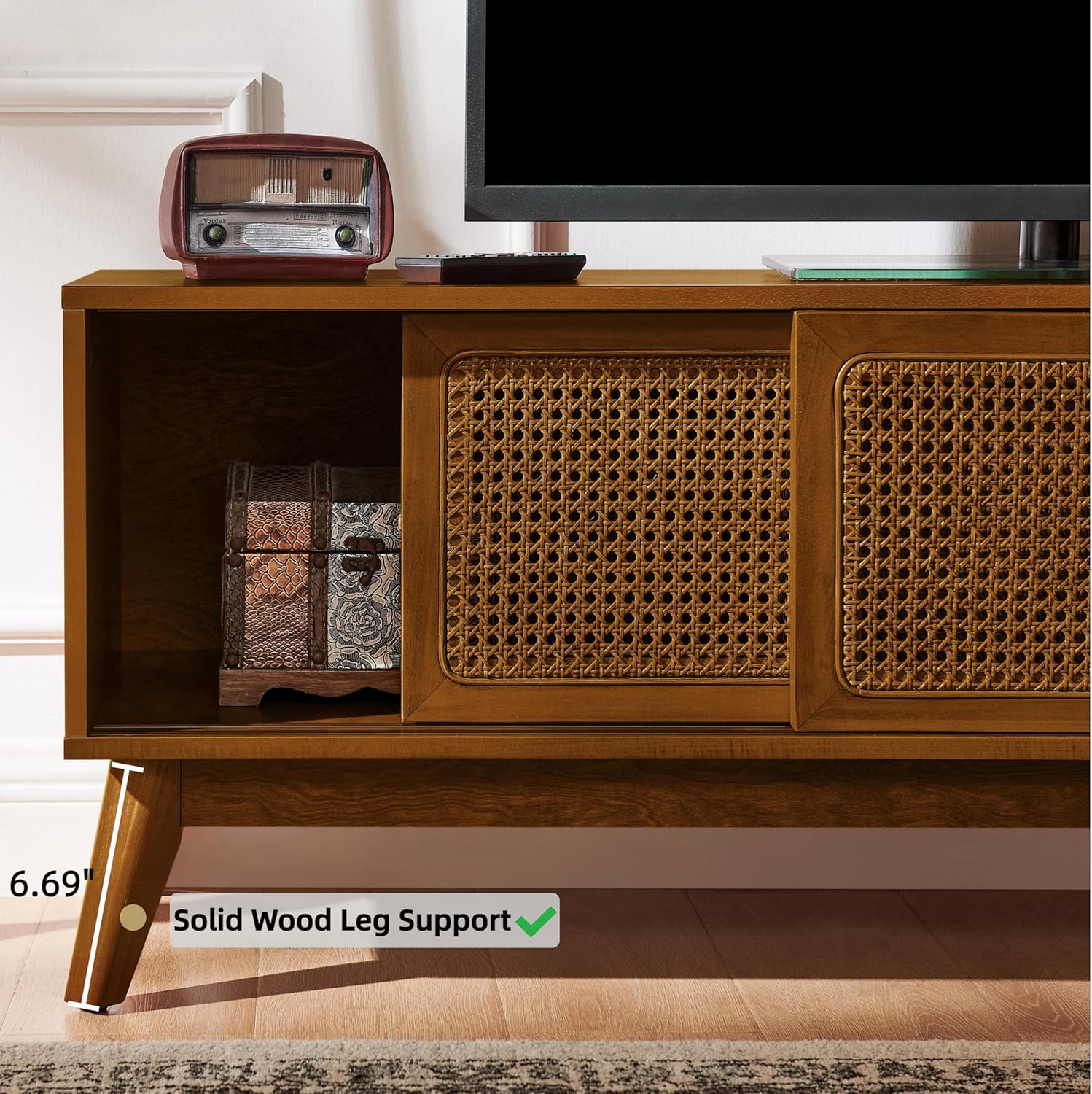 LKTART Mid Century Modern Rattan TV Stand for 65 Inch TV,59" Boho Media Console with Sliding Doors & Open Shelves,Solid Wood Legs for Living Room,Light Walnut - Image 4