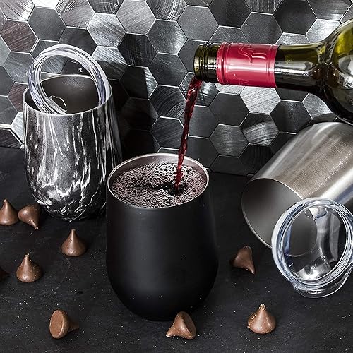 Miniatura 8 de Sipworks Vaso de vino de acero inoxidable: copa de vino sin tallo aislada al vacío de doble pared con tapa, 12 onzas, juego de 2, caoba/oro rosa