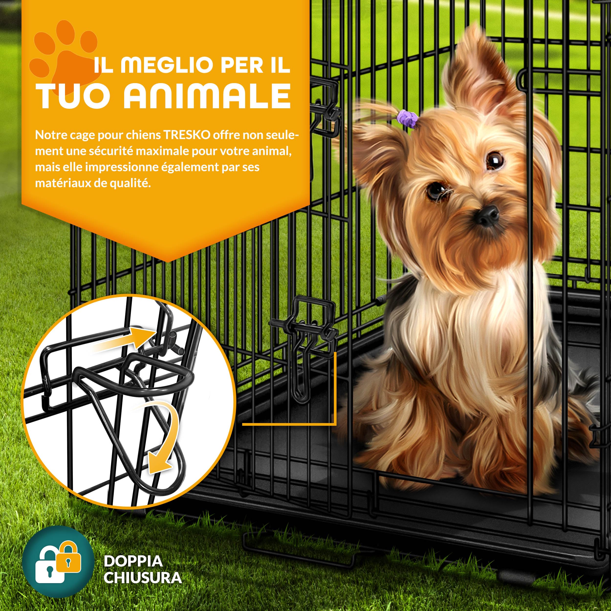 TRESKO Gabbie Pieghevole per Cani e Gatti | Trasportino con 2 Porte in Metallo | Box per Animali | Cuccia Pieghevole con Vassoio Rimovibil (XL - 107 x 71 x 77 cm)