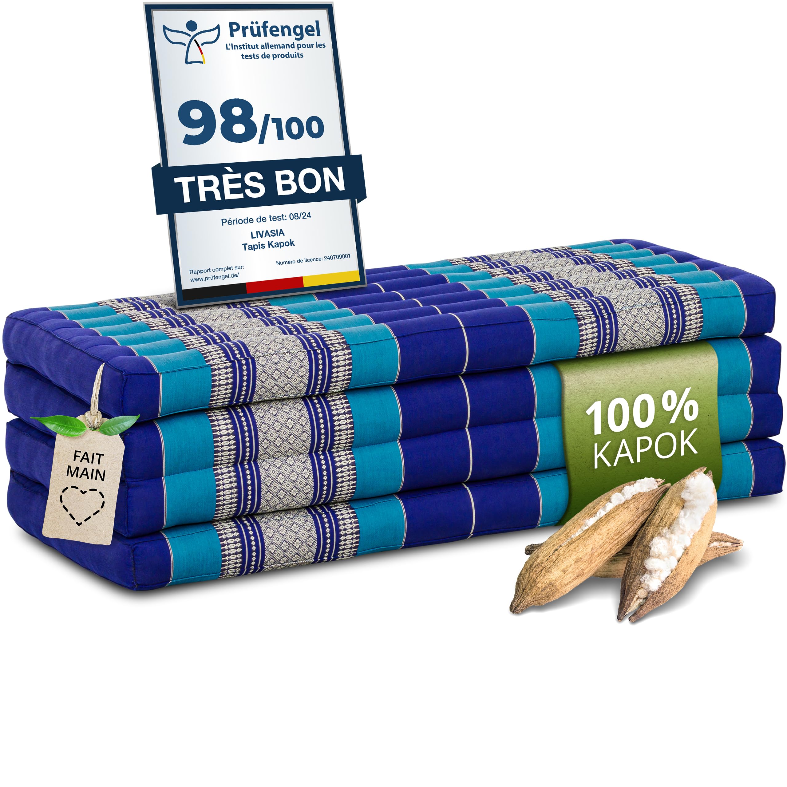 Livasia Matelas Pliable Durable en kapok - 200x110x8cm - Matelas d’invité Large, Matelas Pliable, Tapis de Yoga, Lit d’invité, Chaise Longue pour Le Jardin et Le Balcon (Bleu)