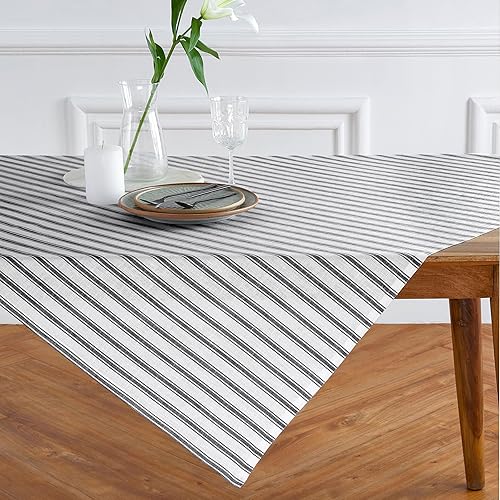 Miniatura 2 de Solino Home Mantel redondo de lino de 60 pulgadas, 100 % lino puro, diseño a rayas Capri, color azul marino y blanco, para primavera, verano,