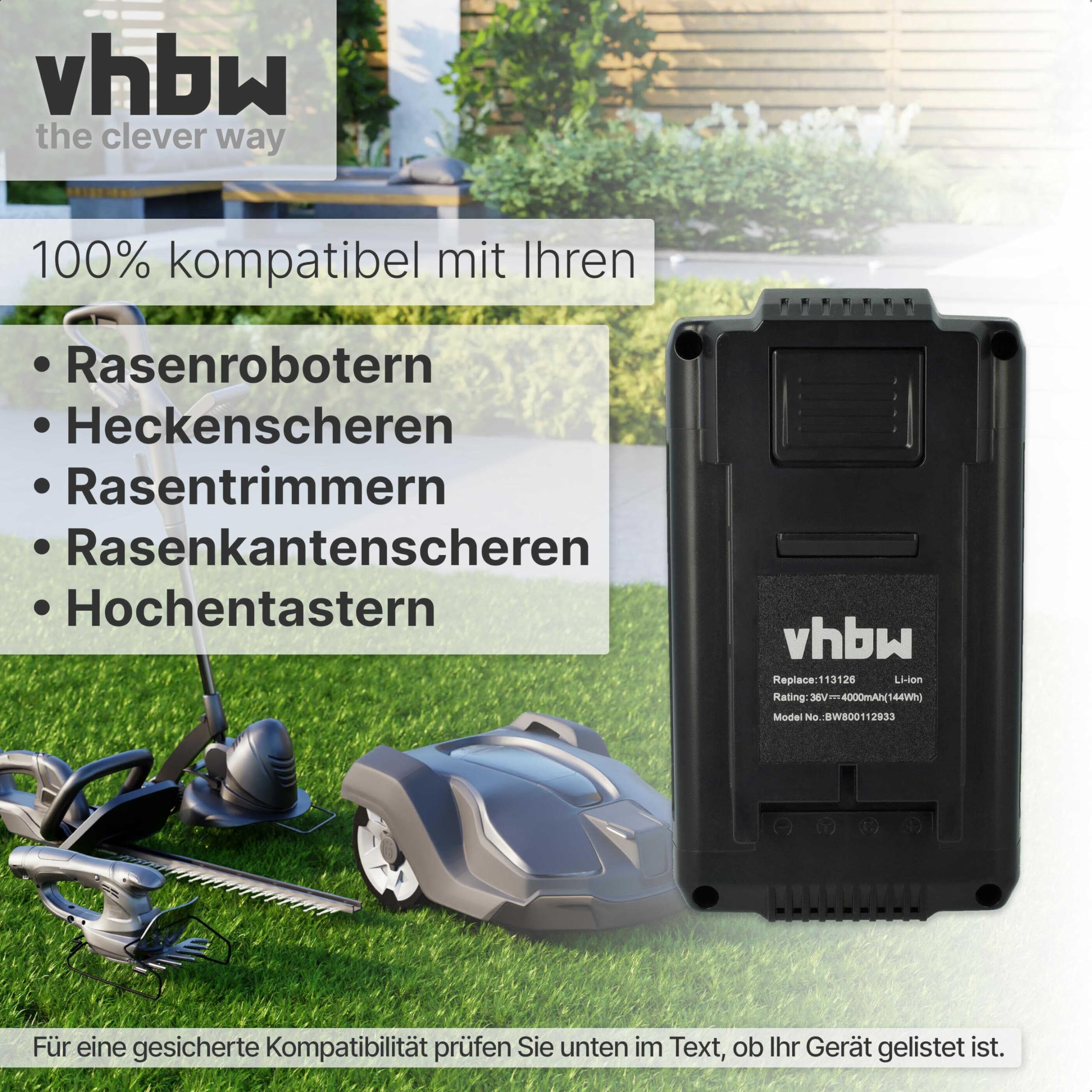 vhbw Akku Ersatz für AL-KO 113124, 113126, 113280, 9113280, B150, B200 für Rasenmäher Rasenroboter (4000mAh, 36V, Li-Ion)