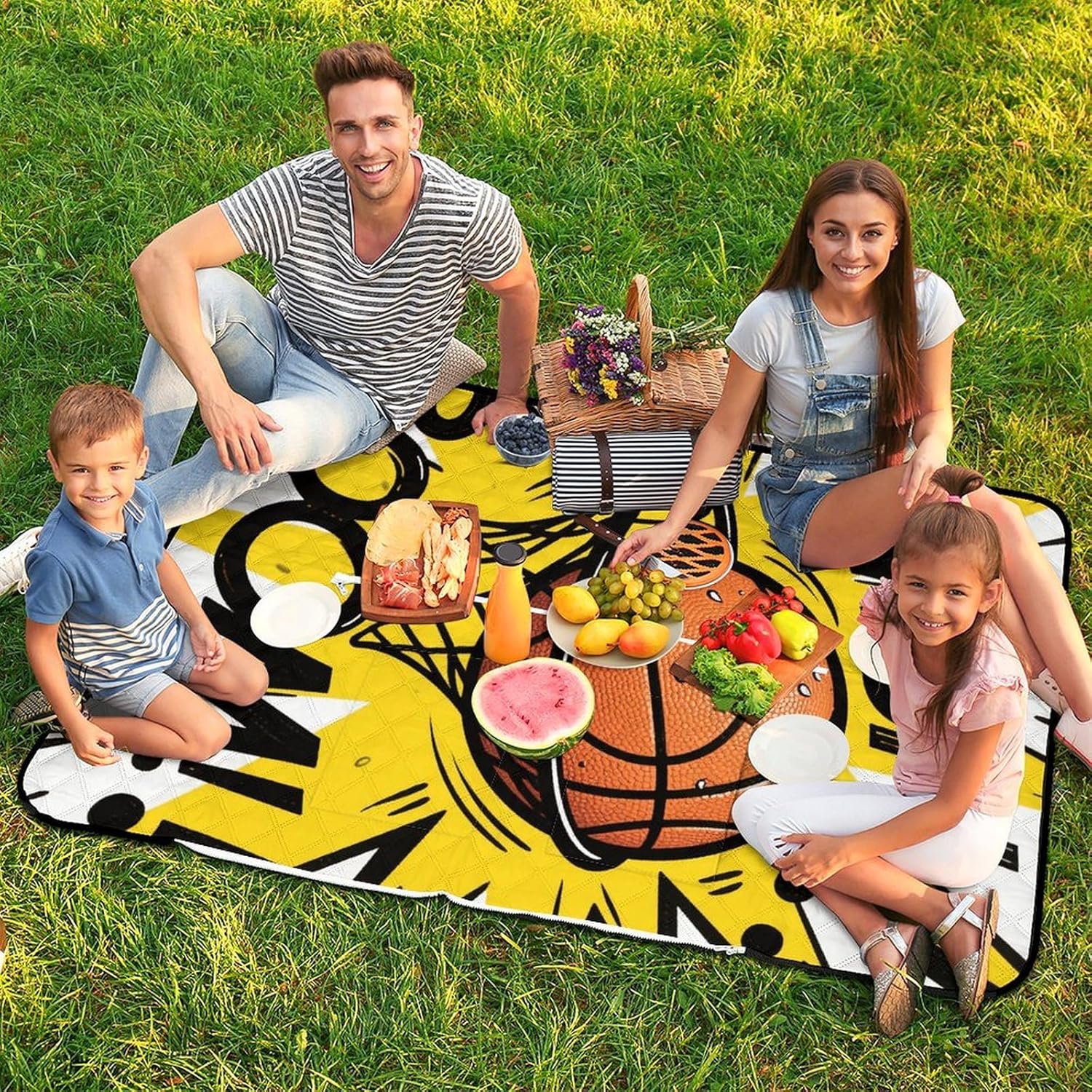 Basketball Picnic Blanket 150x100cm, Foldable 2-in-1 Picnic Mat and Tote Bag Portable Waterproof Beach Mat Sandproof Outdoor Blanket for Park, Hiking, Beach, Camping, Travel