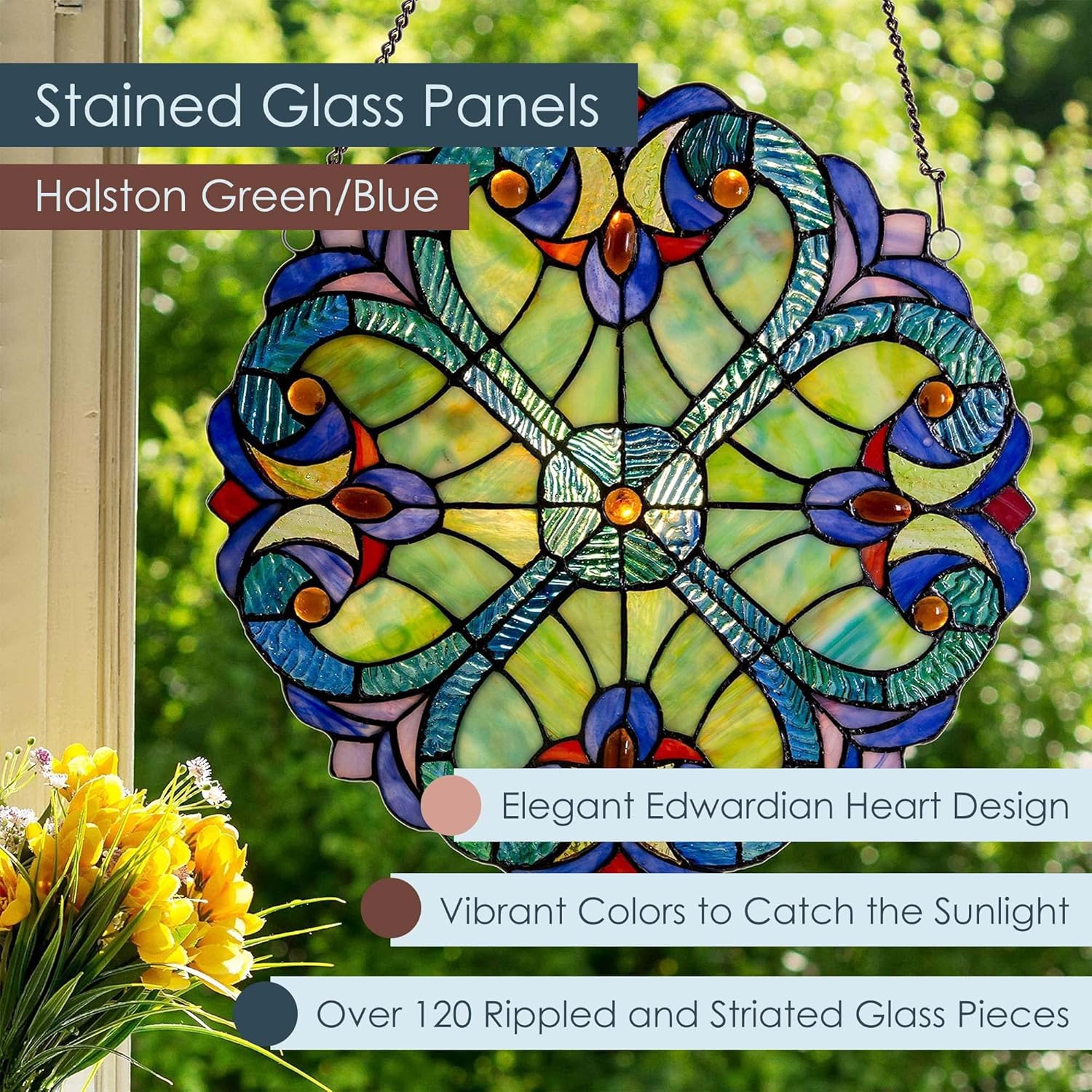 RIVER OF GOODS 12" H Mini Halston Heart Stained Glass Window Panel - Hanging Suncatcher with Stained Glass Panels for Window - Green/Blue