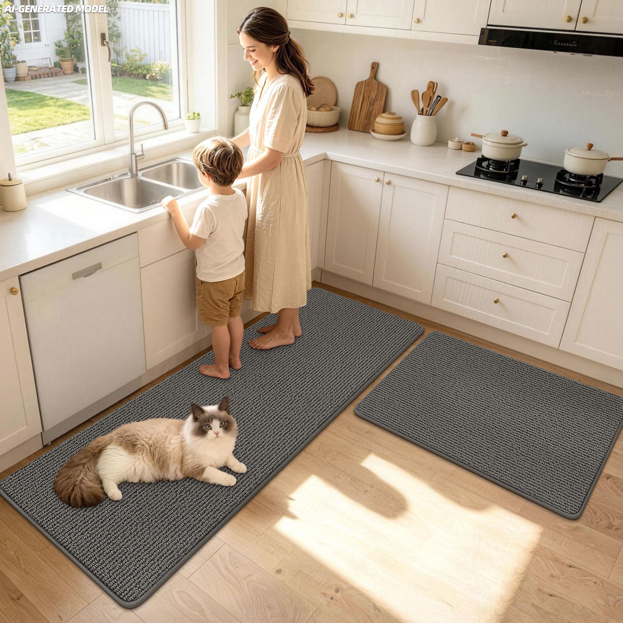 JSEI Küchenteppich rutschfest Waschbar, 2 Stück, 60x89+60x152cm, Grau
