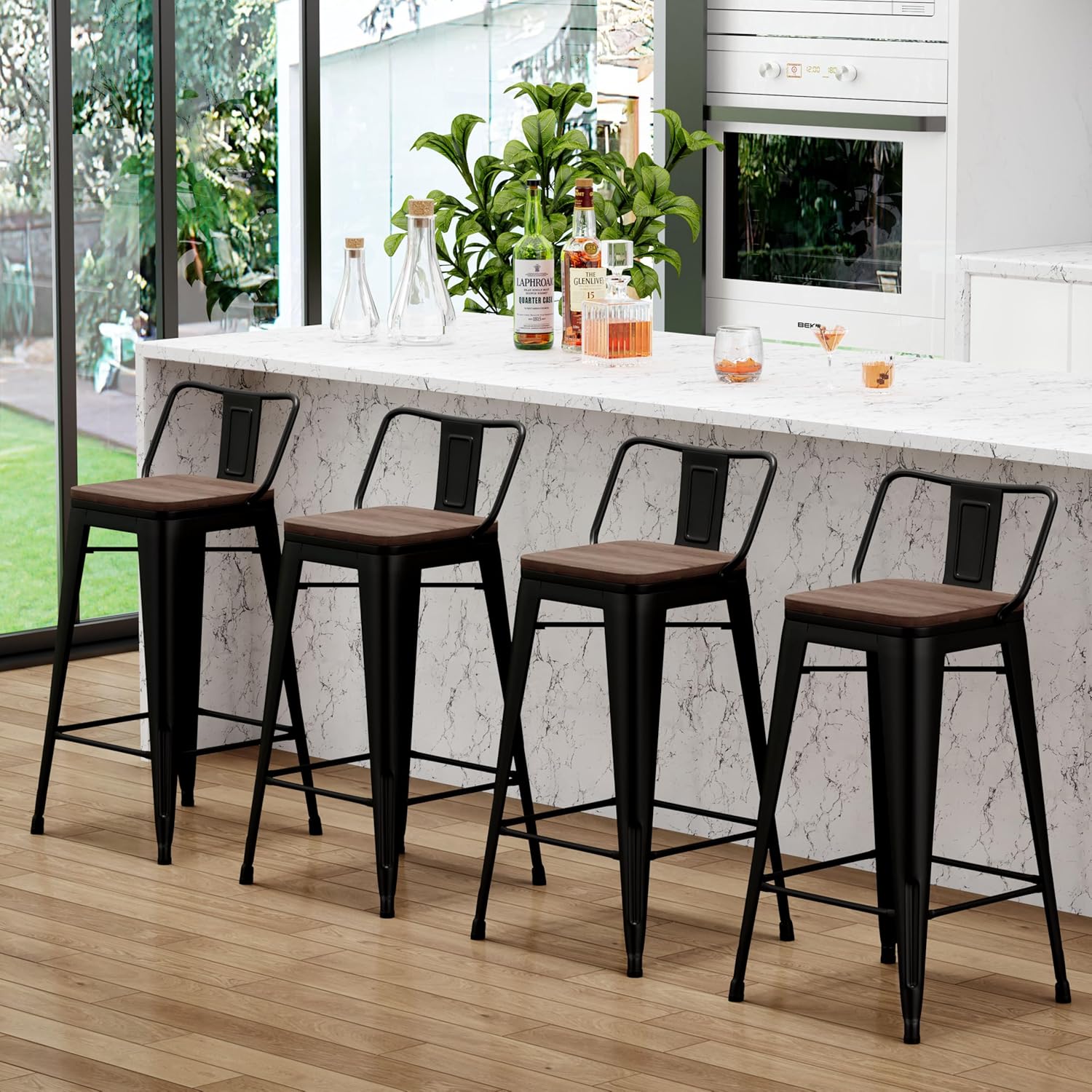 ALISH Bar Stools Set of 2,Low Back Counter Height Bar Stools Indurstrial Metal Barstools with Wood Top for Home Kitchen (Black, Set of 2)