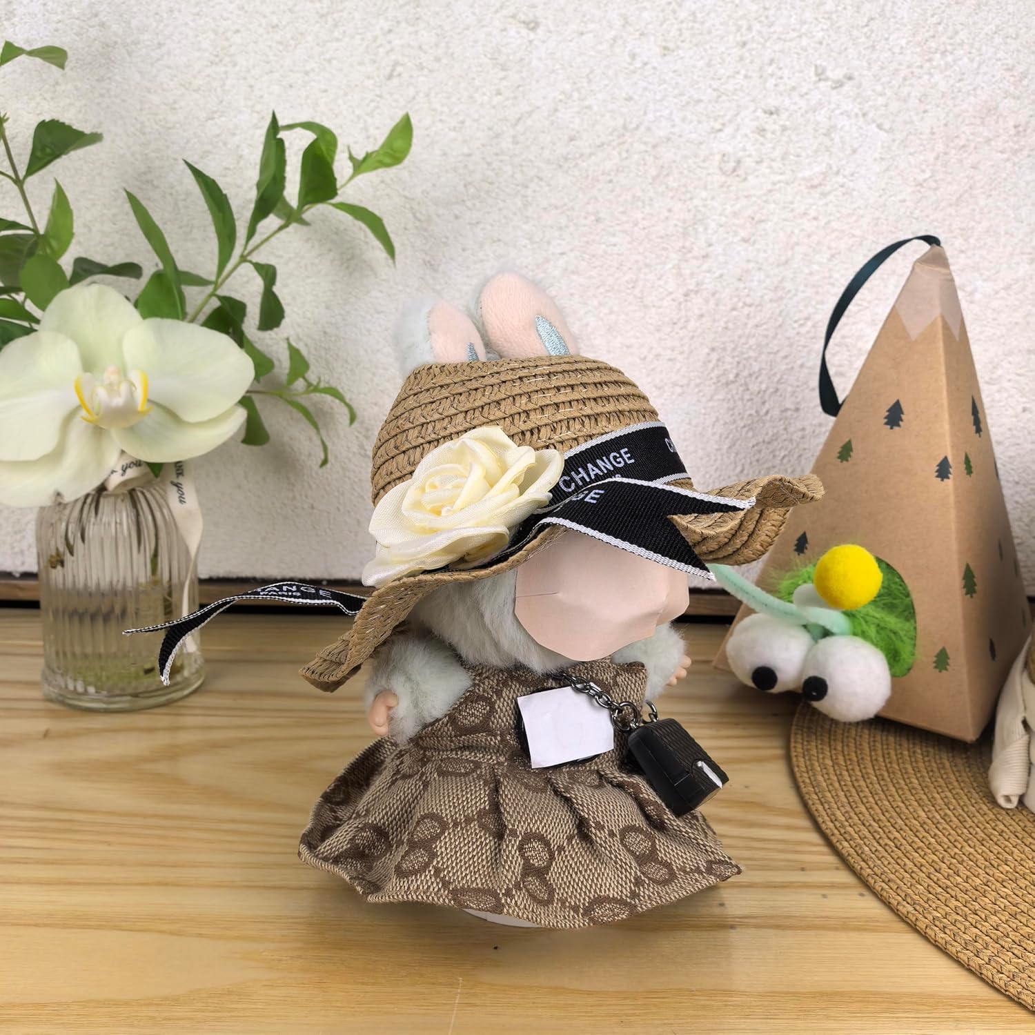 Brown Outfit Set for 14 - 17cm La Booboo | 3 - Piece Dolls Clothing & Accessories: Straw Hat, Brown Dress, Black Bag (No Doll)