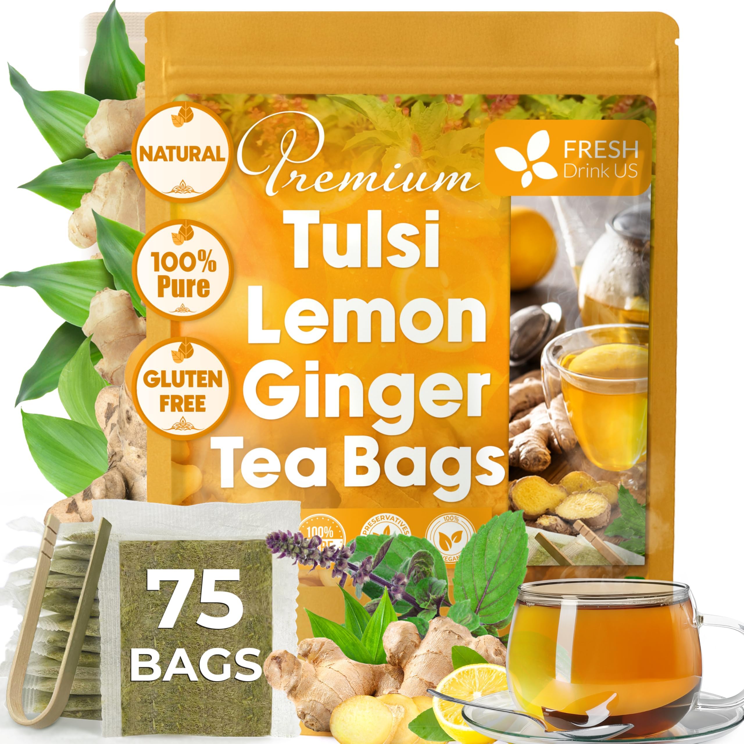 FreshDrinkUS, Premium 75 Tulsi Lemon Ginger Tea Bags, 100% Natural & Pure from Tulsi Holy Basil Leaves, Lemon and Ginger. Made with Natural Material Tea Bags. No Sugar, No Caffeine, Vegan.