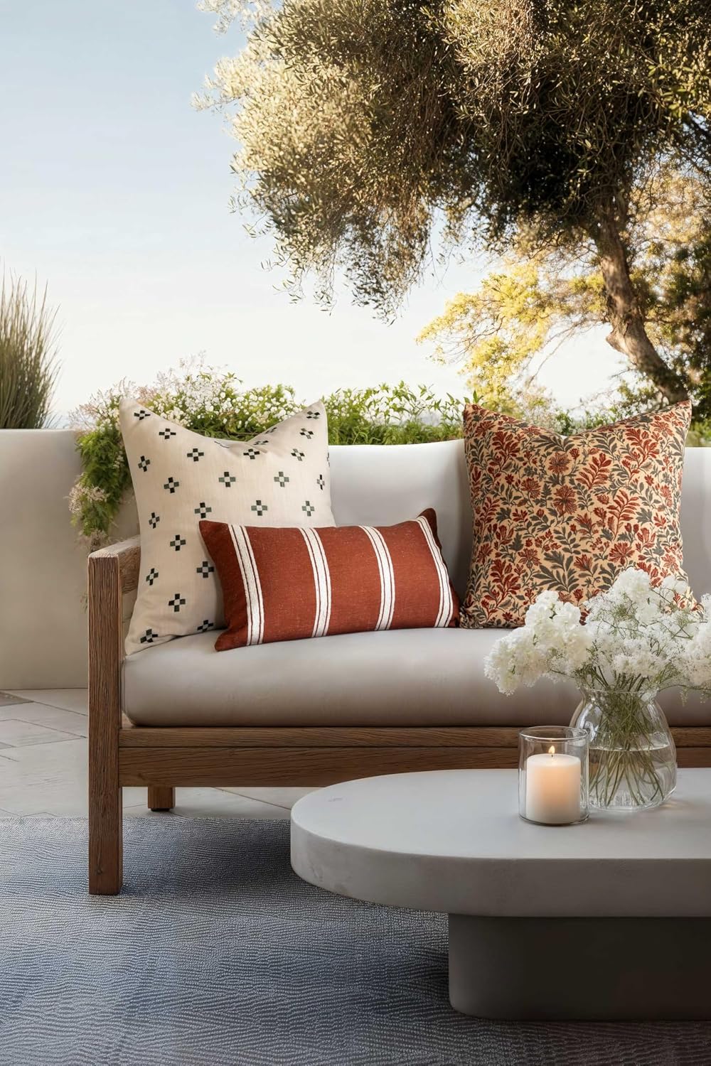 Crumbs Home Modern Farmhouse California Casual Indoor Outdoor Throw Pillow Cover, 20"x20" Water Repellent for Patio, Backyard, Couch, Poolside, Neutral Green Embroidered Small Squares