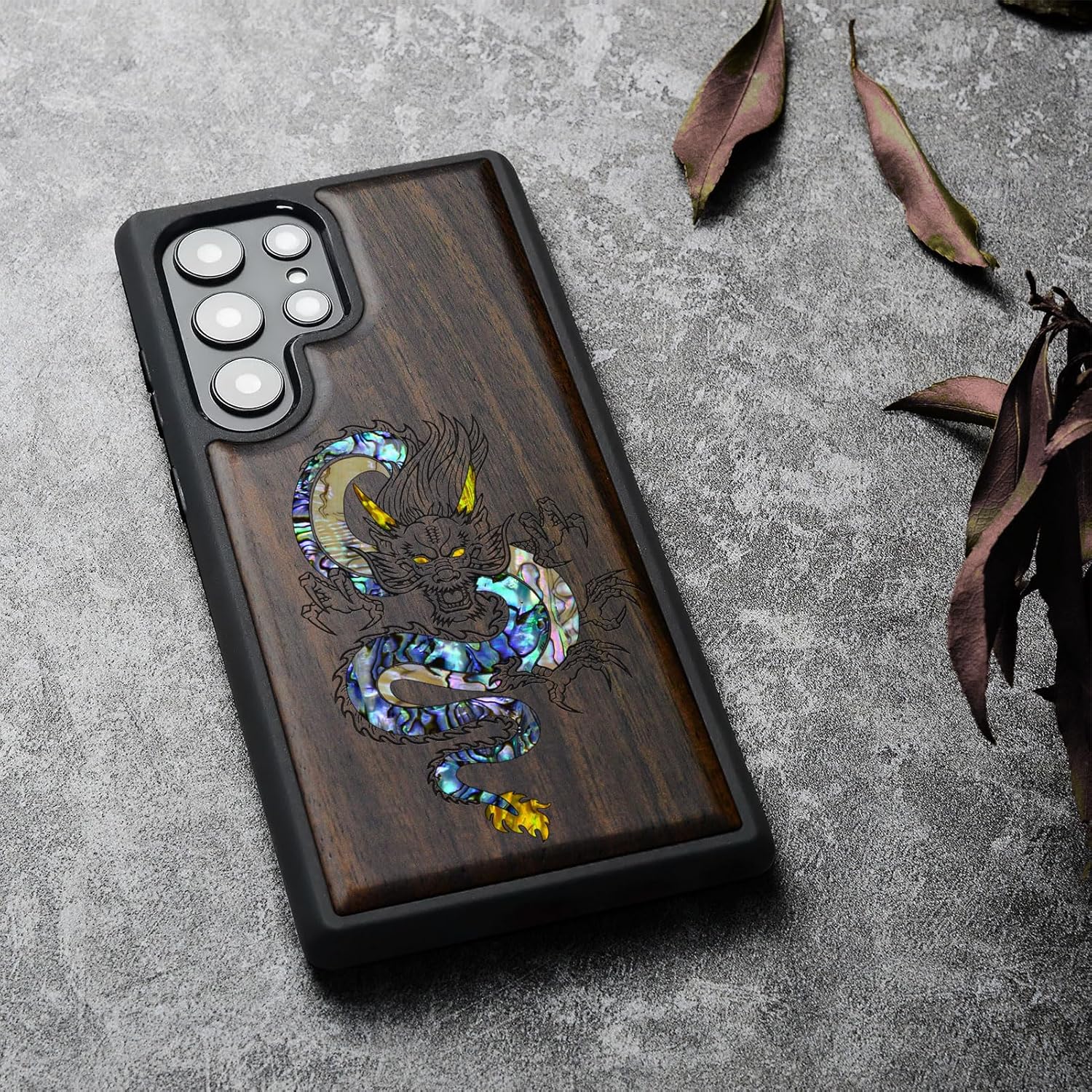 Carveit Designer Wooden Cover for Samsung Galaxy S22 Ultra Case [Wood Engraving & Shell Inlay] Compatible with Wireless Chargers S22 Ultra (The Oriental Dragon-Blackwood)