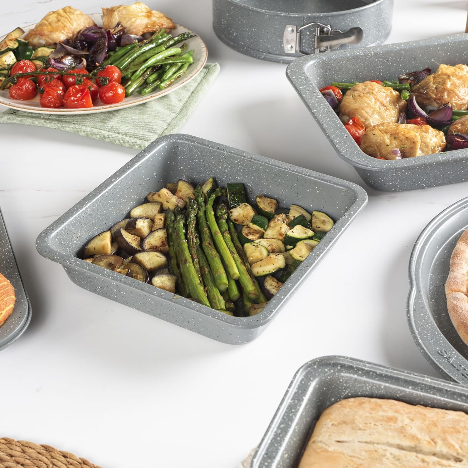 Salter BW02780G Square Pan, Non-Stick Deep Baking Tray, Small Oven Tin For Brownies, Cakes, Roasting Pan For Vegetables, Carbon Steel, Marblestone Collection, Grey, 23 cm