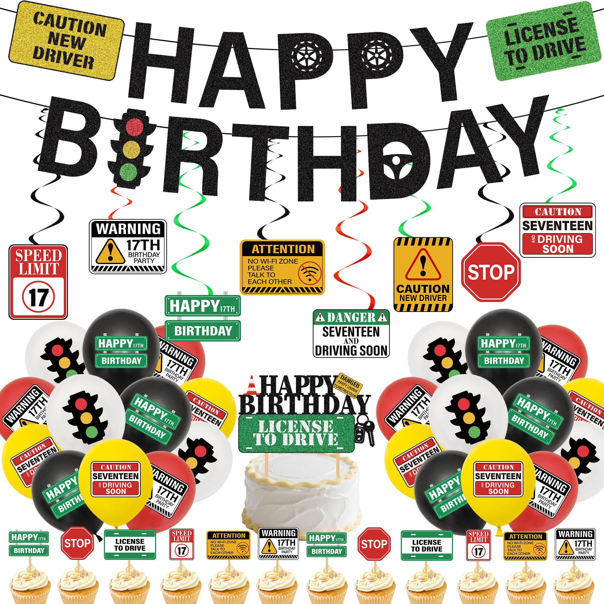 Learner Driver Gifts 17th Birthday - 47 Pcs Learner Driving Banner Hanging Swirls Balloons 17th Driver License Transportation Car Road Signs Theme Party Supplies for 17 Year Old Birthday Decorations