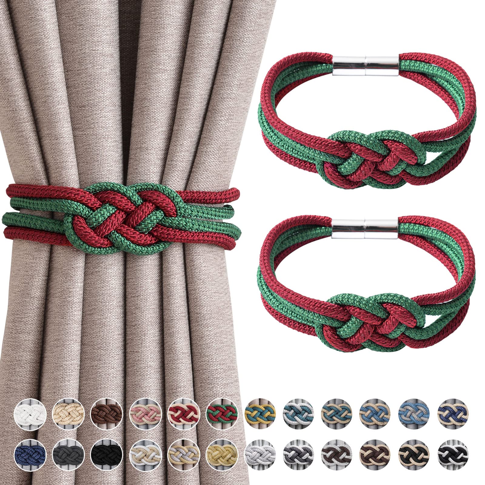 NICEEC 2 Pack Strong Magnetic Curtain Tiebacks Upgrade Nordic Style Drape Tie Backs Double Color Weave Rope Knot Decorative Curtain Holdbacks for Home & Office Window Drapery (Red & Green)