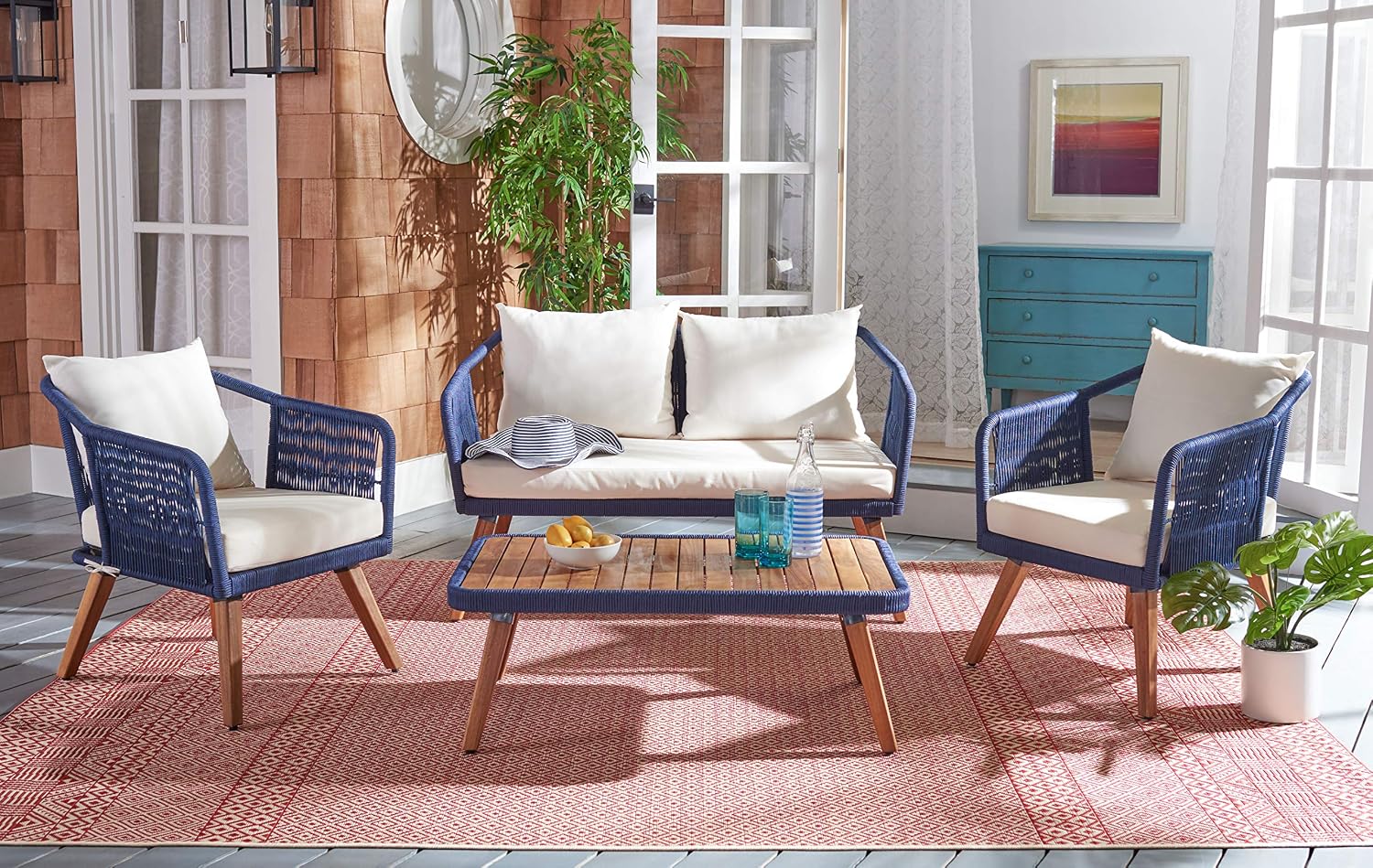 SAFAVIEH Outdoor - Raldin Navy Rope 4-Piece Patio Set, Eucalyptus Wood Conversation Set with Beige Cushions, Outdoor Sofa, Chairs & Coffee Table (PAT7049E)