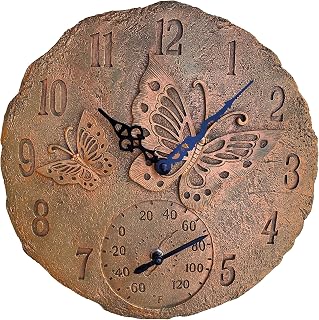 Lily's Home Butterfly Hanging Wall Clock with Thermometer - Weatherproof Polyresin Indoor Outdoor Clock, 12 Inch Housewarming Gift