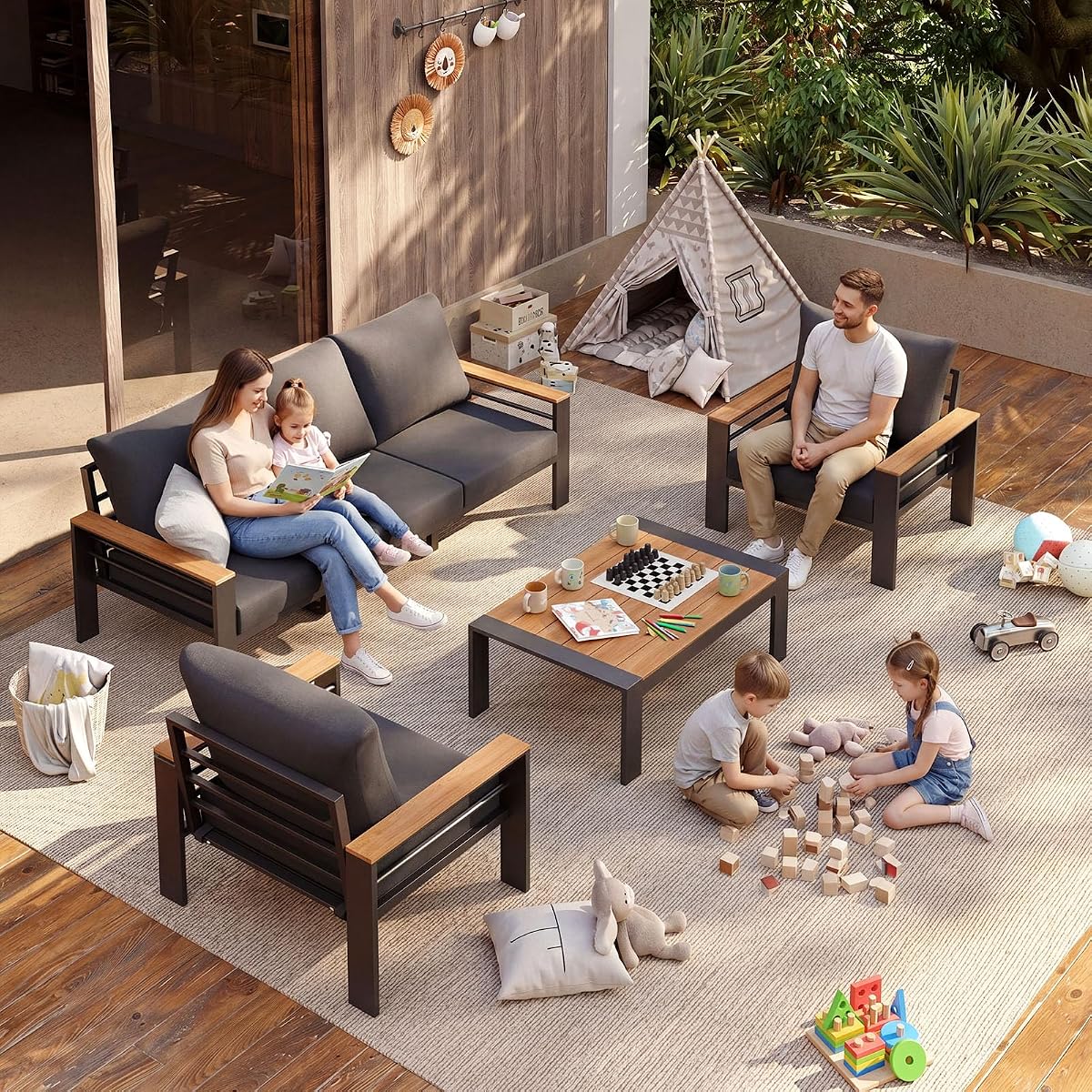 Aoxun Patio Furniture Set, Aluminum Outdoor Furniture with Oversized Seats Grey 5 Set w/Coffee Table image 1