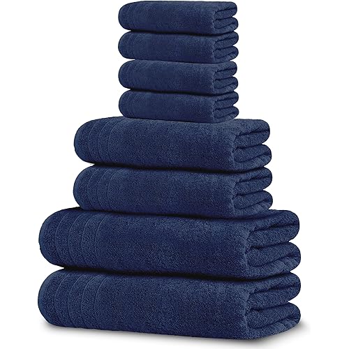 Tens Towels 8 Piece Towels Set, 2 Extra Large Bath Towels, 2 Hand Towels, 4 Washcloths, 100% Cotton, Lighter Weight, Quicker to Dry, Super Absorbent, Perfect Bathroom Towels Set (Navy)