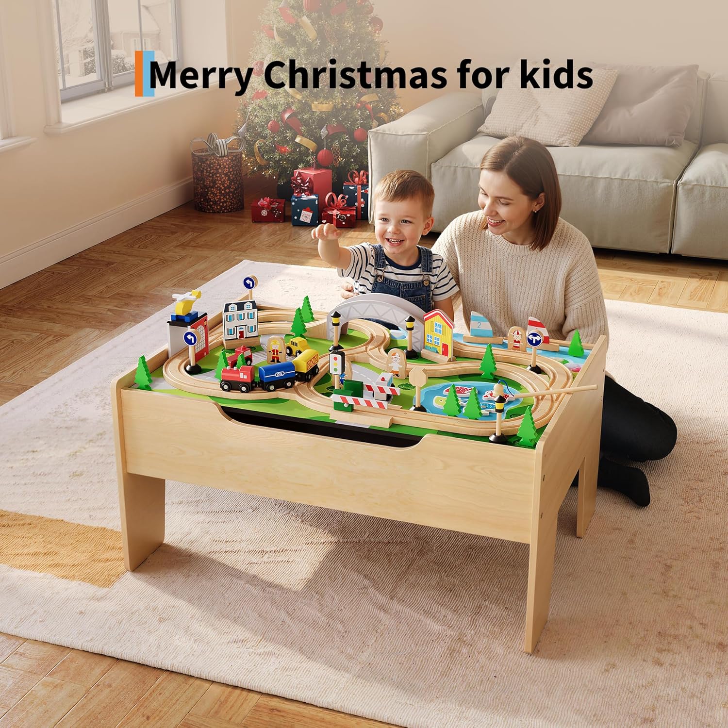 78 Piece 4-in-1 Wooden Train Table for Toddlers & Kids, Multipurpose Activity Play Set with Reversible Top, Tracks & Built-in Storage, Natural Wood