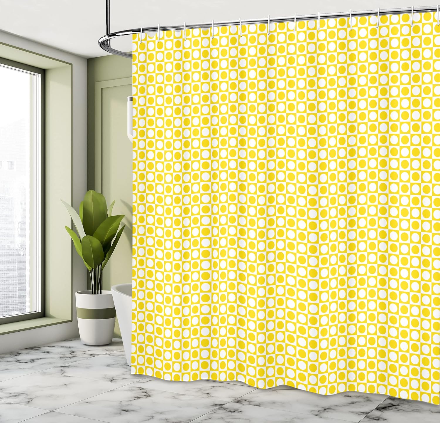 Ambesonne Yellow Shower Curtain, Circles in Squares Dots Like Patterned Modern Cool Geometric Print, Cloth Fabric Bathroom Decor Set with Hooks, 69" W x 75" L, Yellow and White