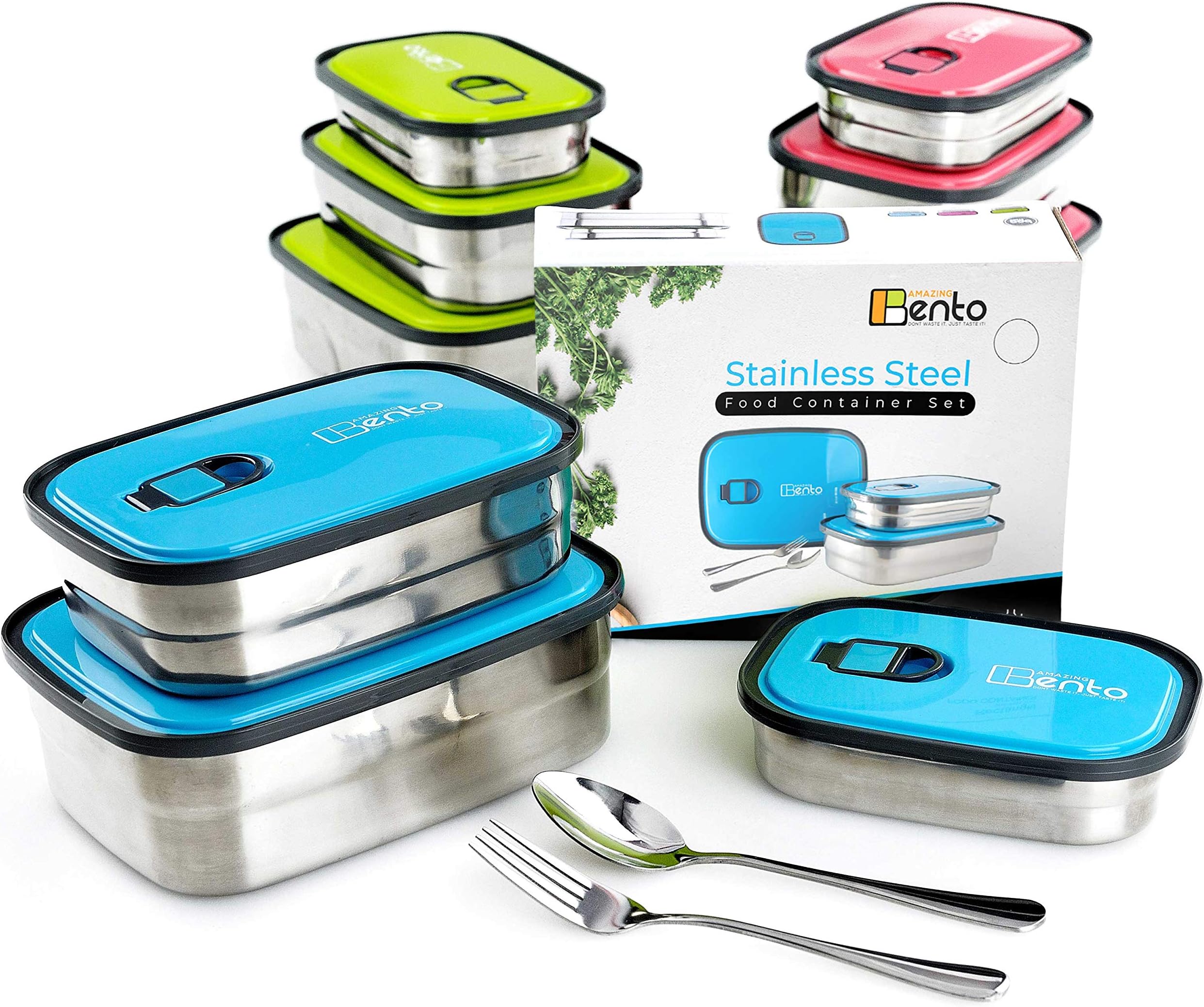 Best Stainless Steel Bento Lunch Box for Kids & Adults, Leak Proof Food Containers, Storage Set 3 in 1 with Lids Includes FREE Cutlery & Recipes E-book