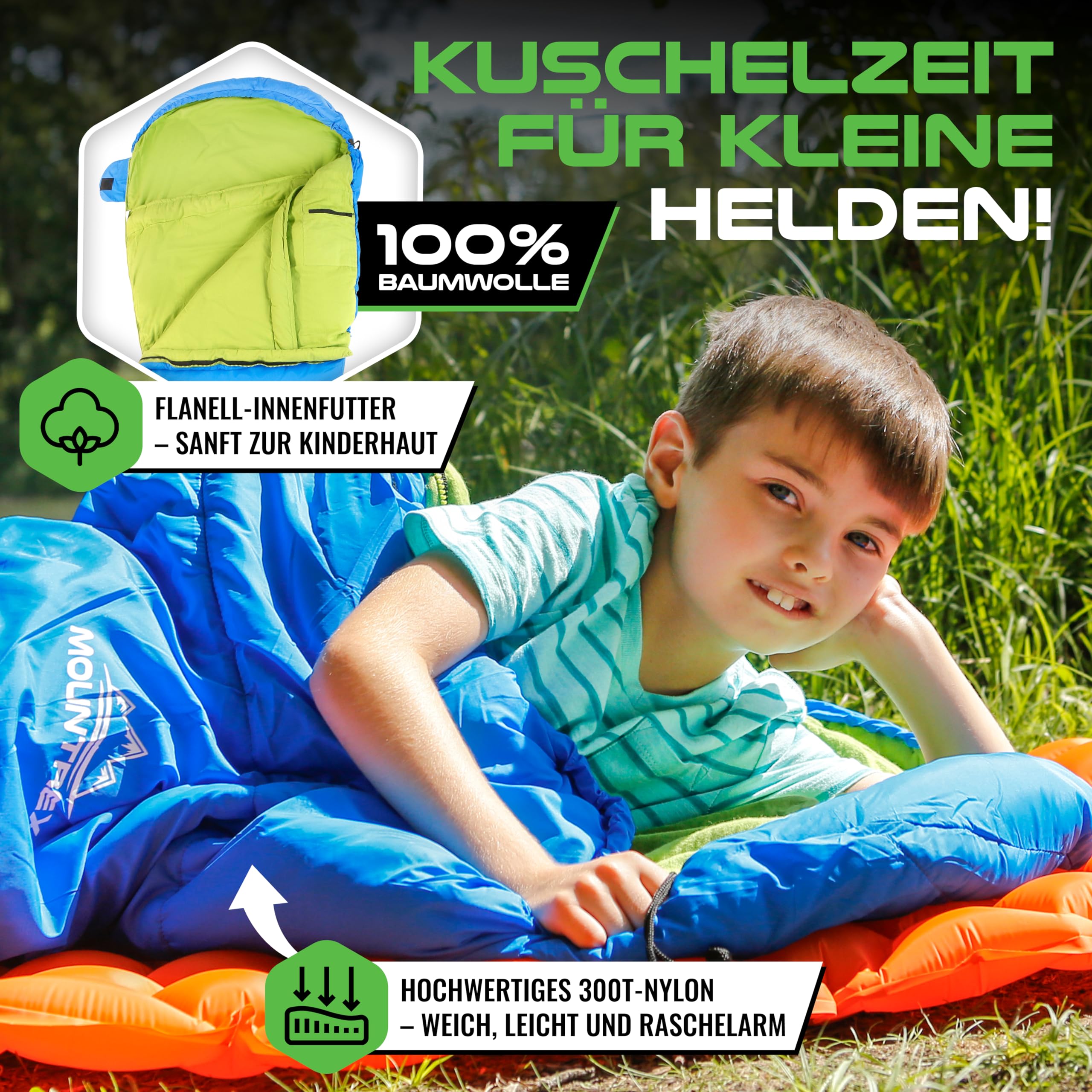 MOUNTREX Kinderschlafsack 5°C / 15°C – 100 % Baumwolle Innenfutter – Schlafsack für Kinder 175×70 cm – Leicht & Kompakt, Tragbar wie EIN Rucksack