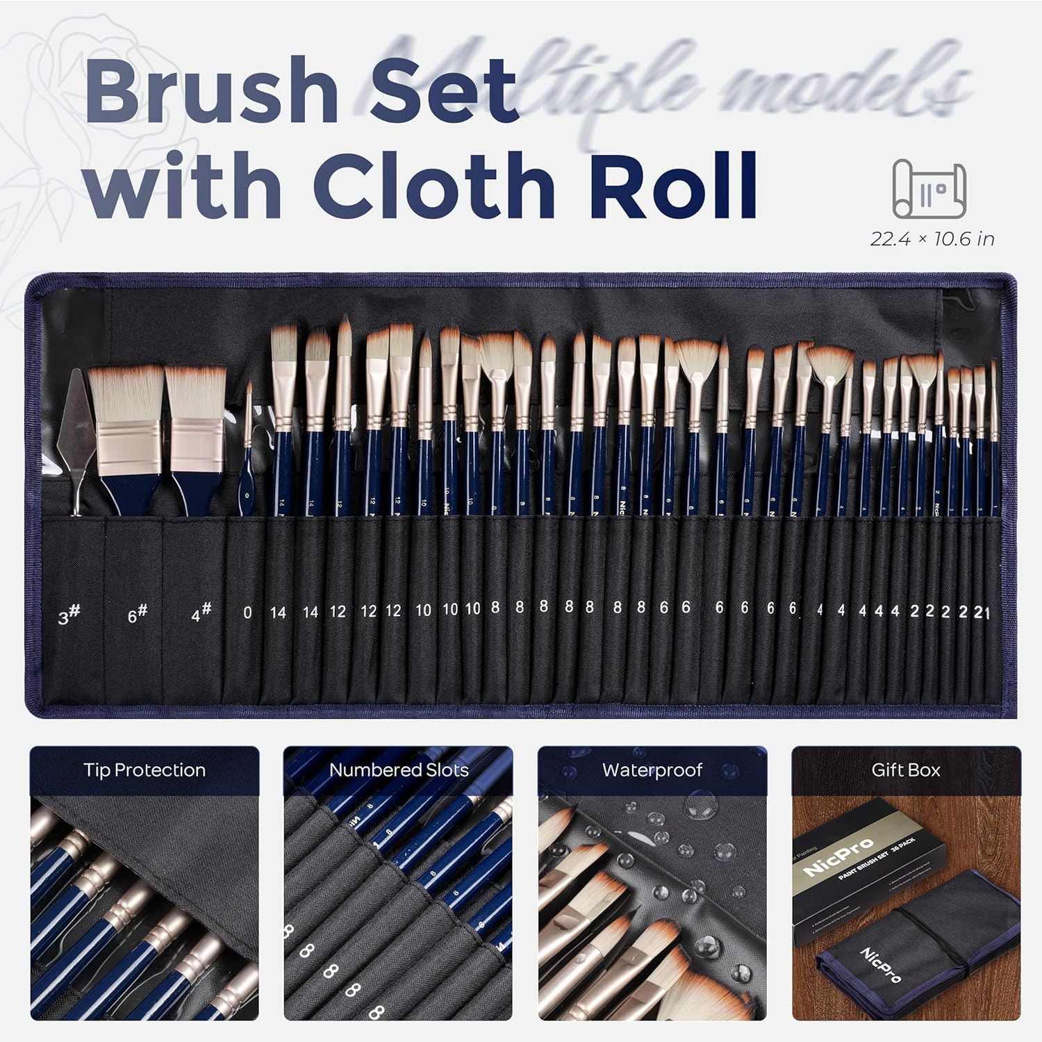 Nicpro 36 PCS Paint Brush Set, 9 Brush Types Professional Acrylic Paint Brushes with Cloth Roll and Gift Box, Suitable for Acrylic Painting, Oil, Watercolor, Gouache, Art Supplies for Artist Beginner