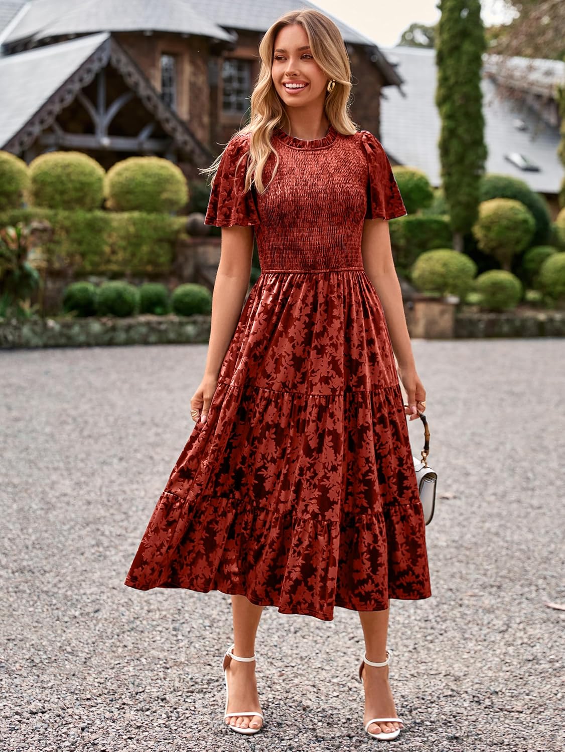 Simplee Velvet Dress for Women Semi Formal Short Sleeve Floral Smocked Empire Waist Fall Winter Wedding Guest Dresses - Image 3
