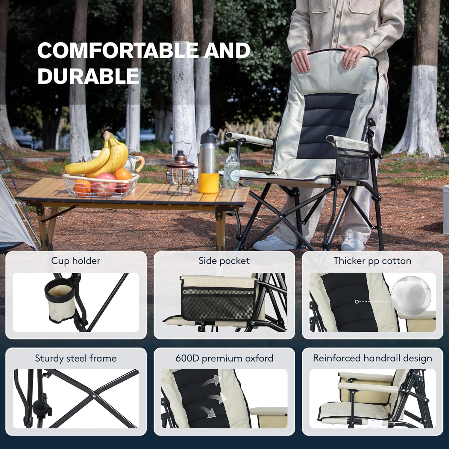 Oversized Folding Rocking Camping Chair for Adults, Adjustable Backrest Rocker Camping Chair with Hard Armrests, Portable Outdoor Rocking Chairs for Patio, Lawn and Garden(Supports 350lbs), Beige