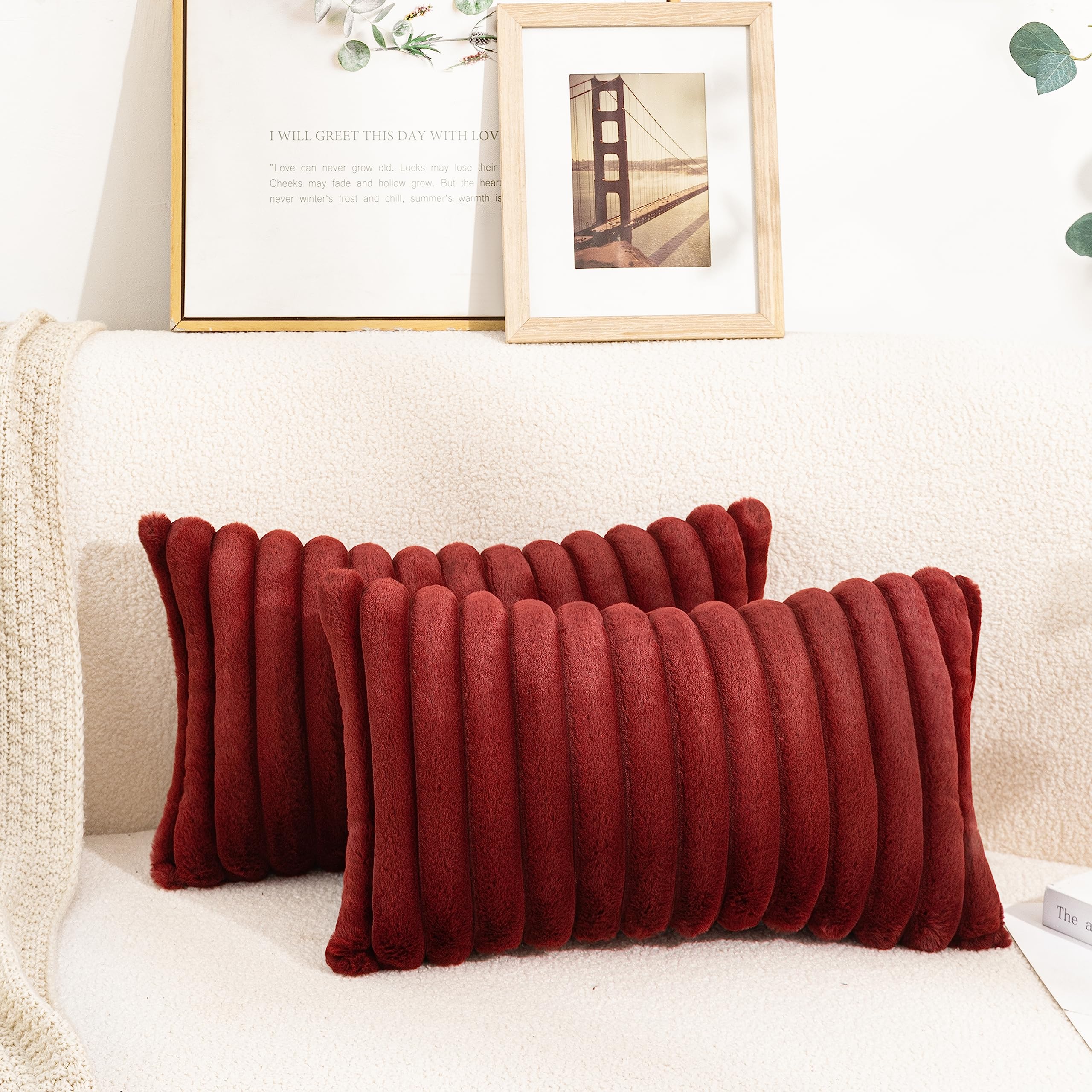 Uhomy Set of Faux Fur Plush Decorative Throw Pillow Covers Fuzzy Striped  Soft Pillowcase Cushion Covers for Sofa Couch Bedroom 12x20 inch 30x50 Cm