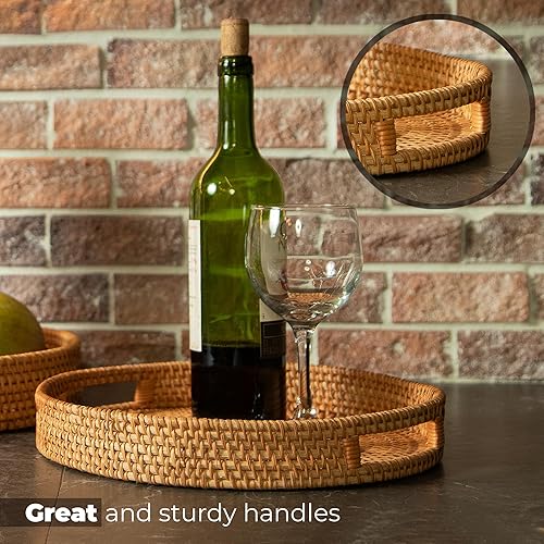 Miniatura 6 de MABI - Juego de bandejas redondas de ratán con asas, bandeja decorativa para mesa de café otomana y decoración del hogar