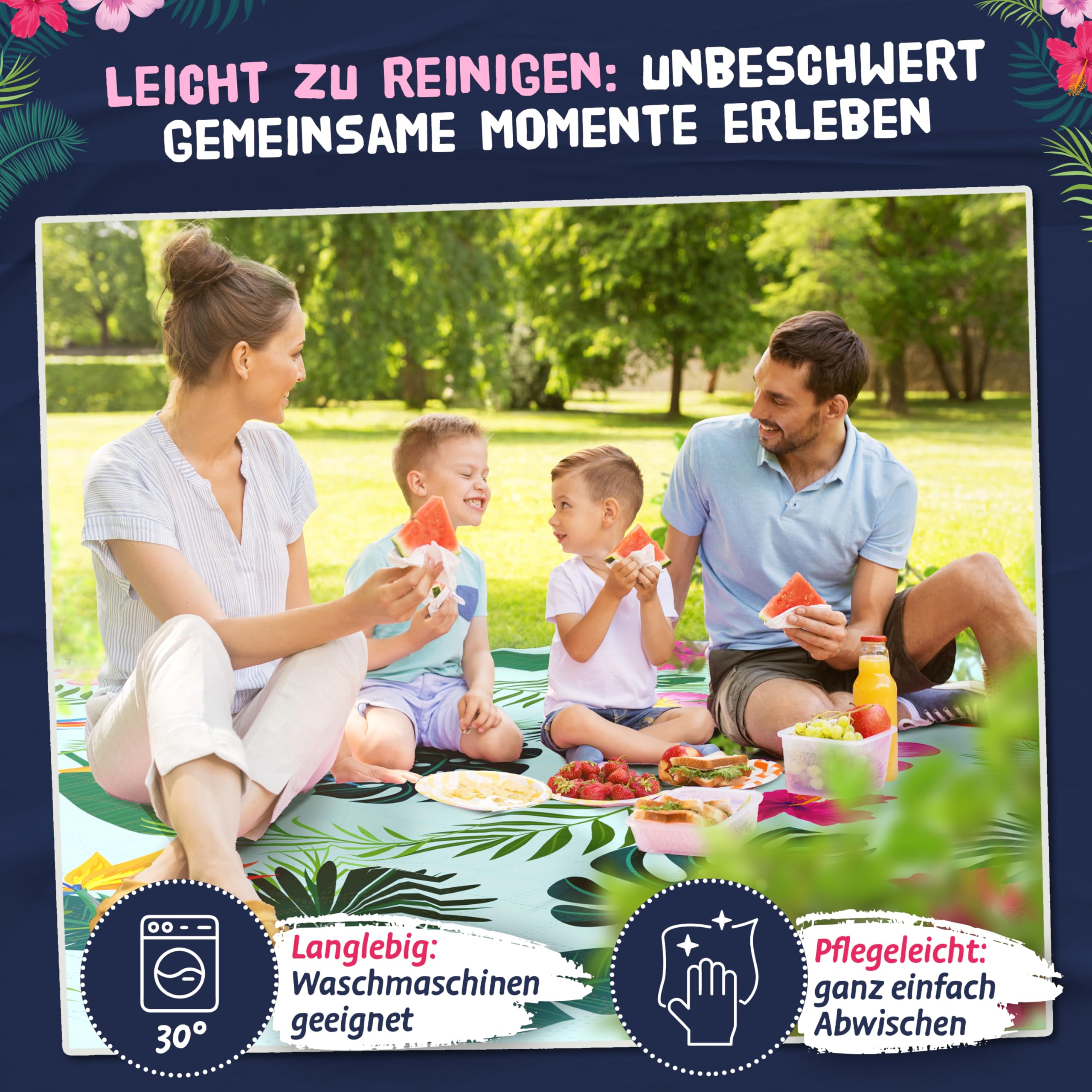 Bobby Beach Picknickdecke wasserabweisend | Stranddecke sandfrei Strandmatte gepolstert | Strandtuch XXL Camping Zubehör Picknickdecke 200x200 (Tropical, 200 x 200 cm, gerollt)