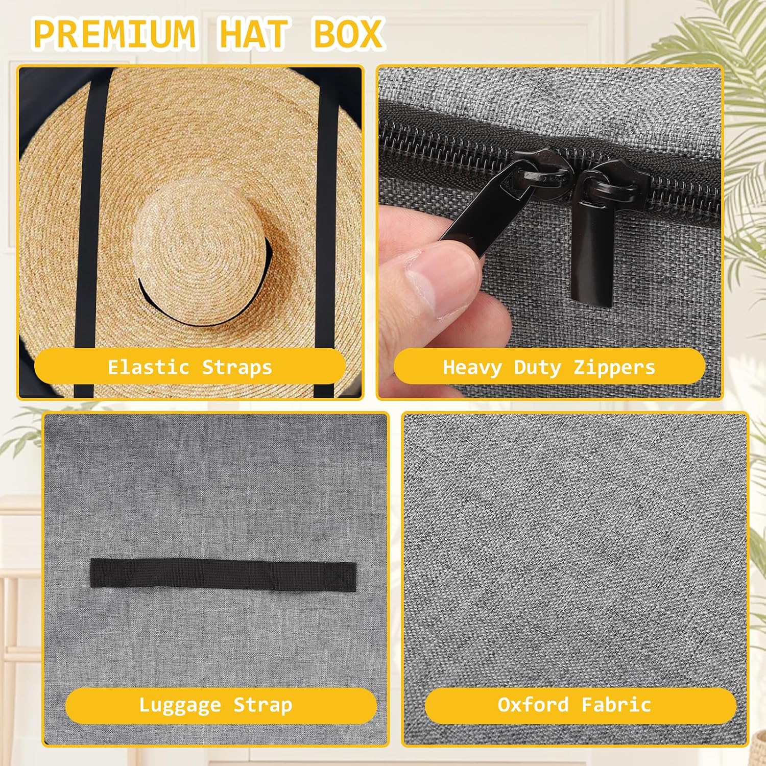 Les-Theresa 17x7In Large Hat Box Boxes Storage with Lids and Shoulder Strap Storage Box Case Foldable Beach Bag Hat Carrier Bag for Travel Closet or Travel (Grey)
