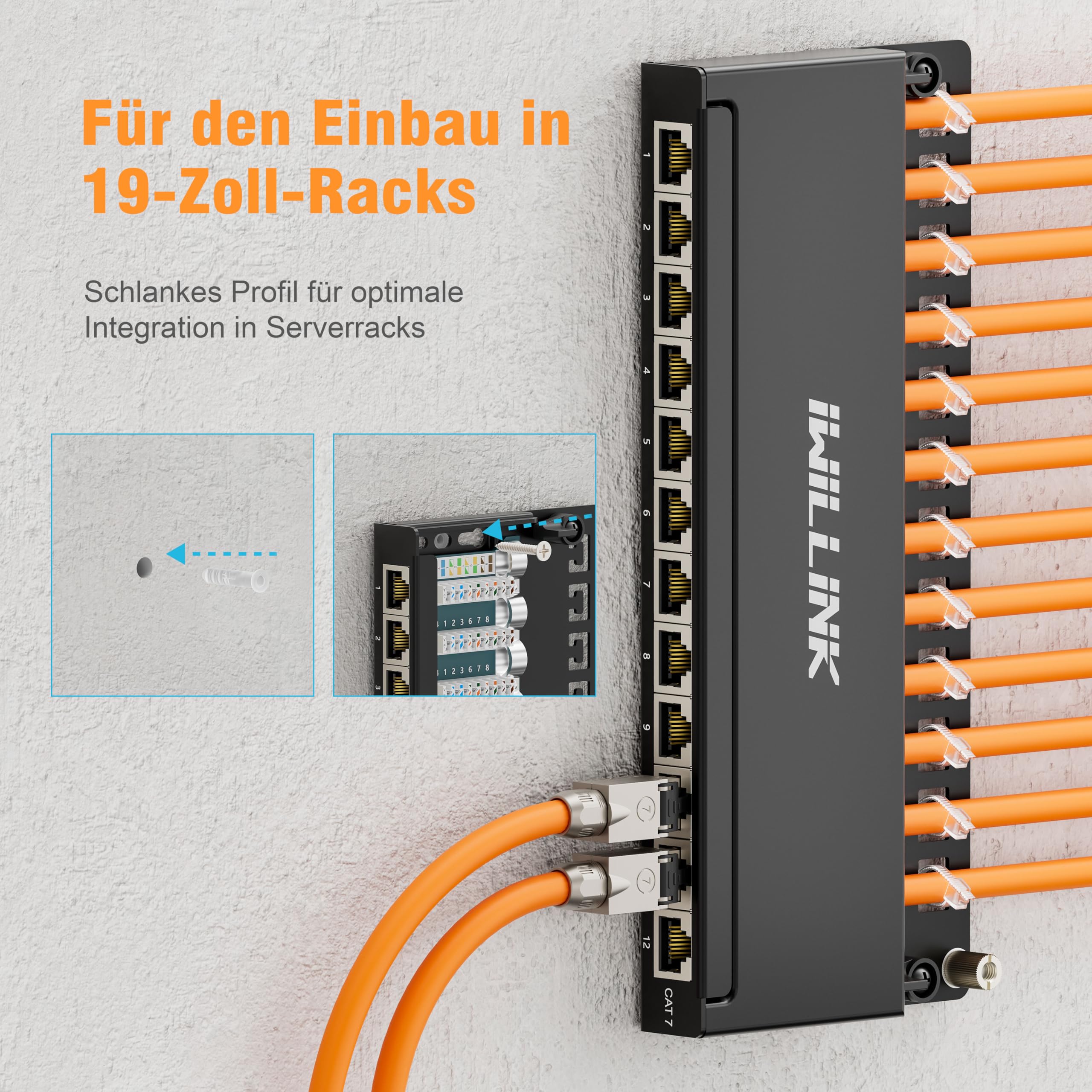 iwillink Panneau de brassage Cat7 12 ports 0,5 HE, 10 Gbps Gigabit 600 MHz