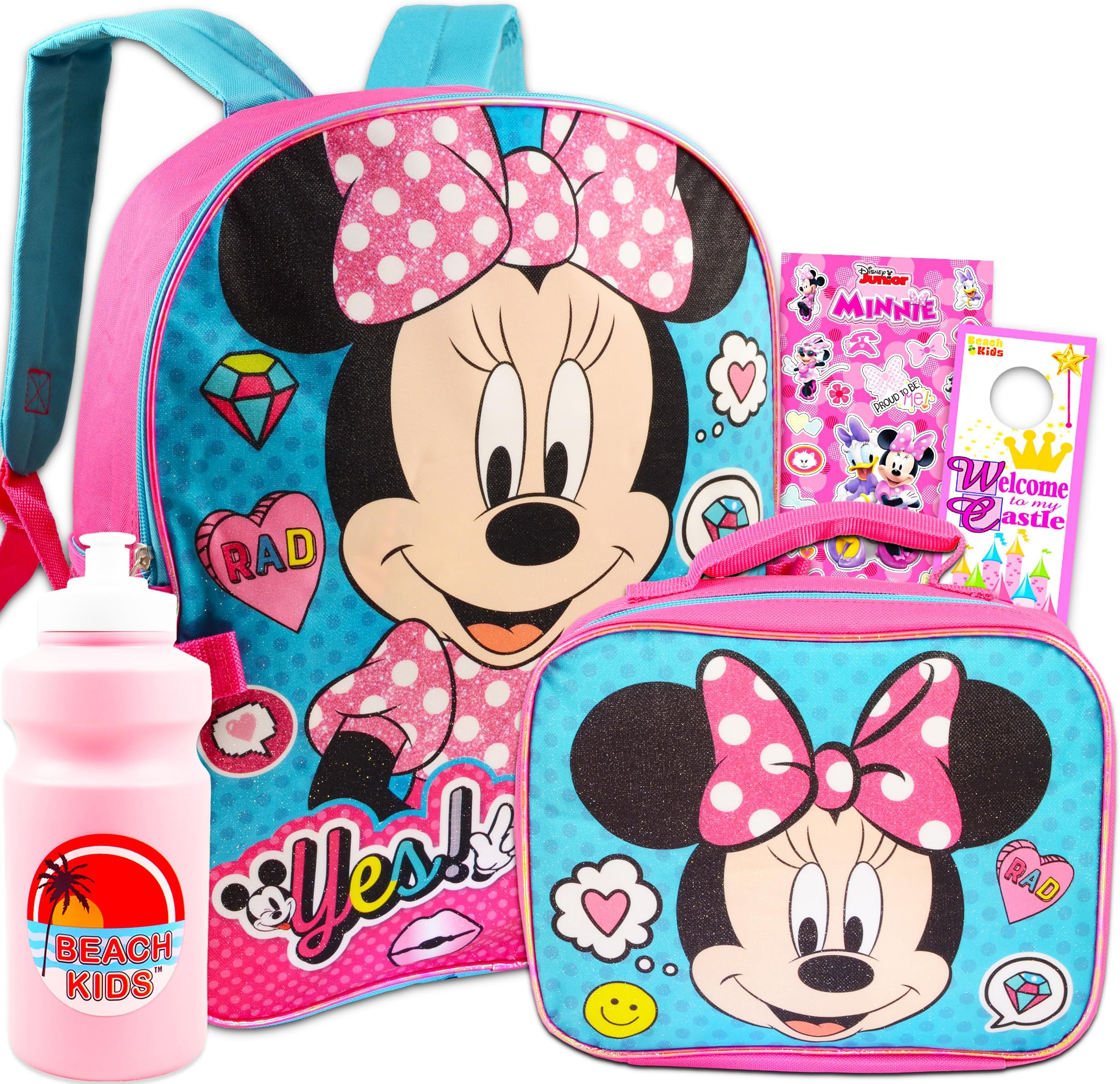 Minnie Mouse Backpack with Lunch Box for Girls 5 Pc Bundle ~ Deluxe 16" Minnie Bag, Insulated Lunch Bag, Stickers, and More (Minnie Mouse School Supplies) (Minnie Mouse Blue)