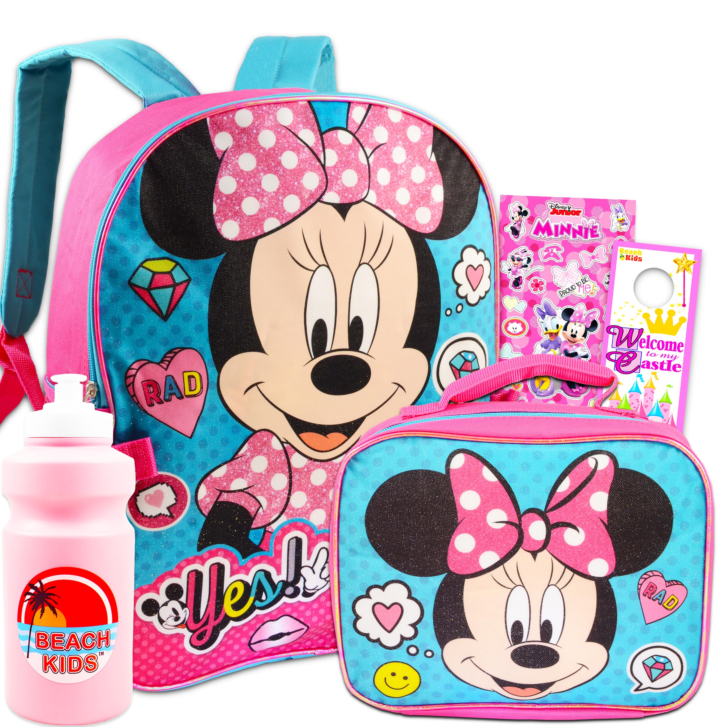 Minnie Mouse Backpack with Lunch Box for Girls 5 Pc Bundle ~ Deluxe 16" Minnie Bag, Insulated Lunch Bag, Stickers, and More (Minnie Mouse School Supplies) (Minnie Mouse Blue)