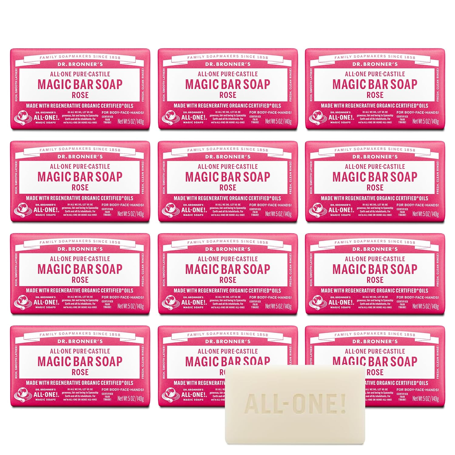 Dr. Bronner's Pure-Castile Magic Bar Soaps - Made with Regenerative Organic Certified Oils - For Face, Body, Hair- Vegan Soap Bars for Men & Women - Rose, 12 pack, 5 oz