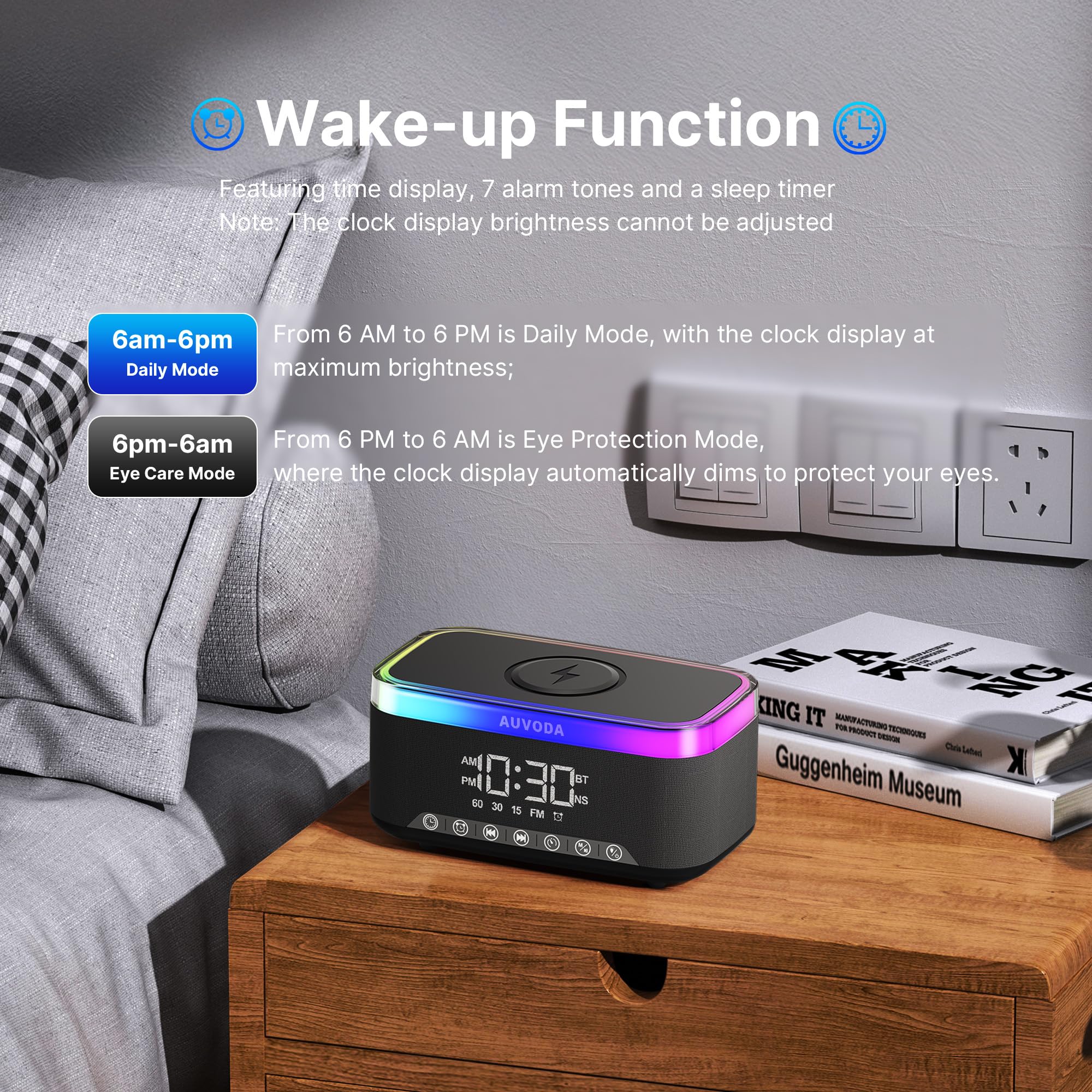 Altoparlante Bluetooth S300, altoparlante wireless portatile con ricarica wireless da 15 W, luce notturna a 13 colori, sveglia, stereo da 16 W, TWS, BT5.3, per smartphone, PC, computer, casa