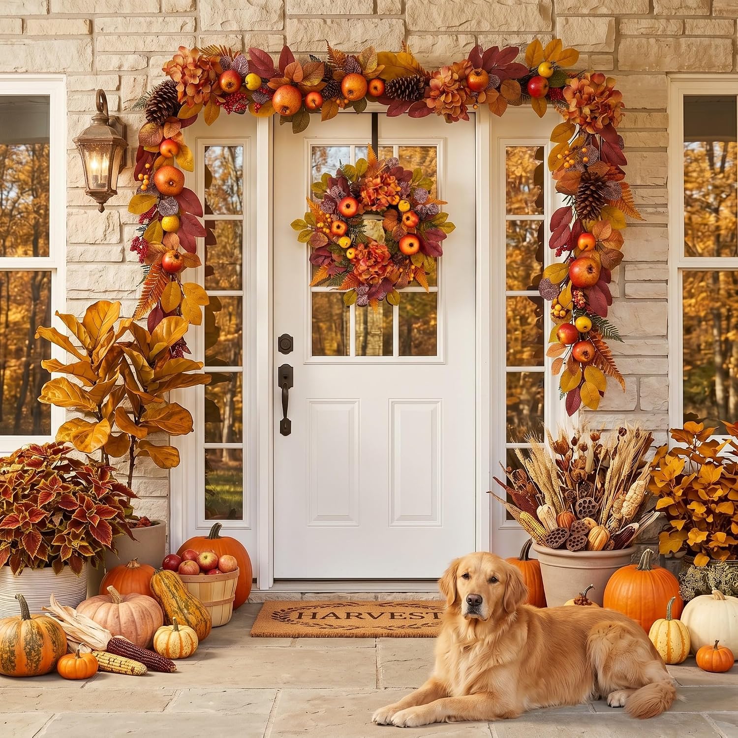DecorbyHannah Fall Wreath for Front Door, 18 Inch Lighted Autumn Harvest Thanksgiving Door Wreaths Decor with Lights, Pinecone Pomegranate Boxwood Berry for Mantle Porch Wall Home Indoor Outdoor