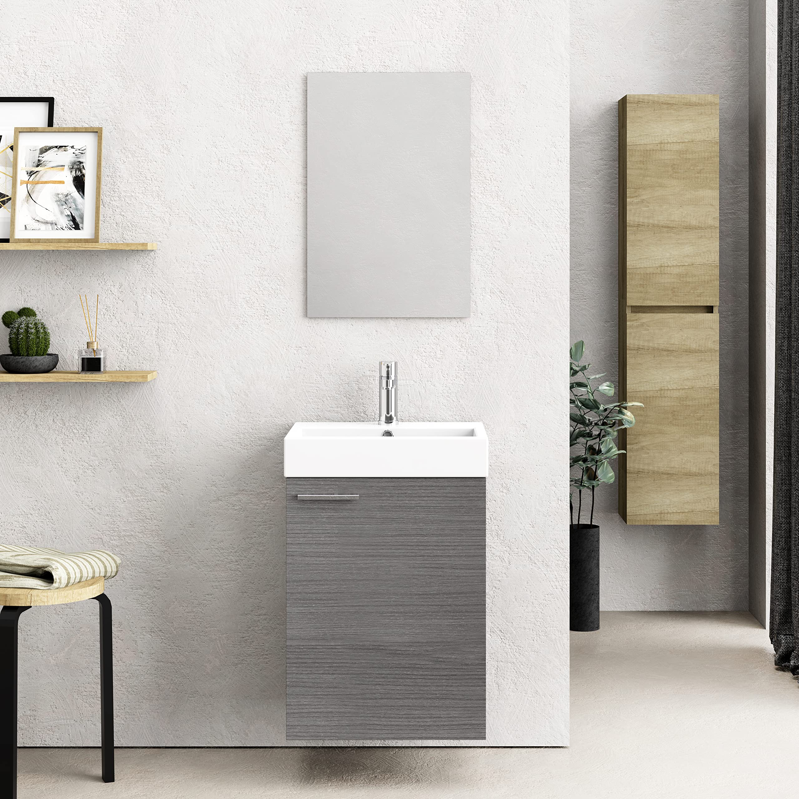 Baikal Mobile Bagno Onyx Black, 2 cassetti, sospeso a Parete, con lavabo in Ceramica in Nero Opaco. Melamina 16 mm. Mobile Montato