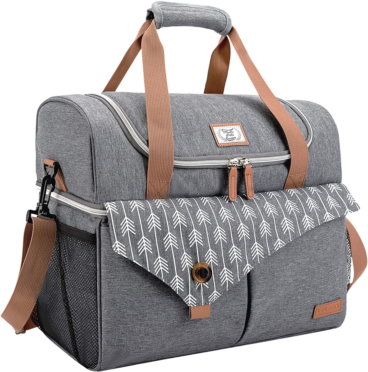 Lekesky 28L Cooler Bag Large Lunch Bag for Family 36-can Picnic Bag Double Decker Cooling Bag for Beach/Picnics/Sports/Outings Family Size Cool Bag with Bottle Opener, Grey